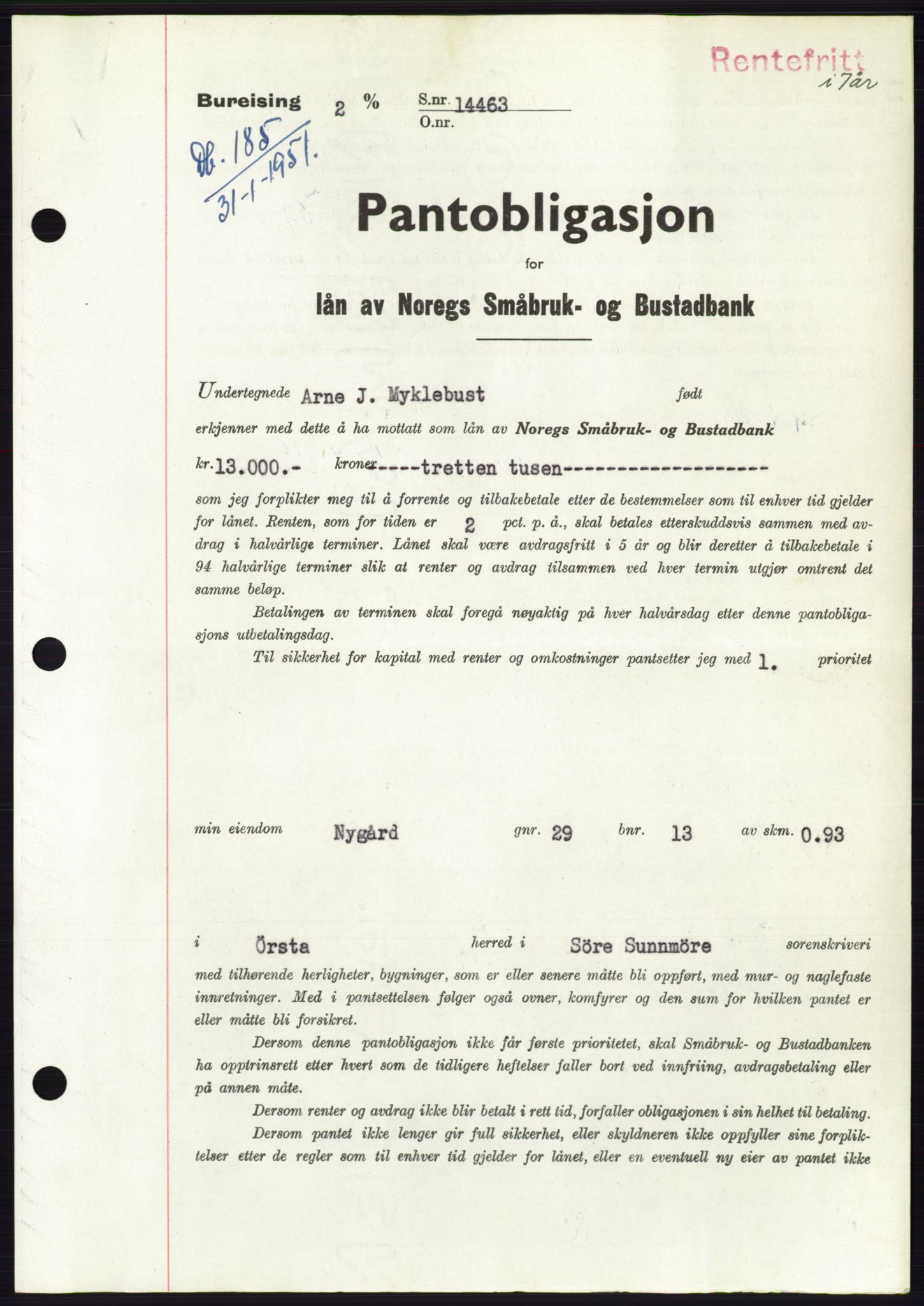 Søre Sunnmøre sorenskriveri, AV/SAT-A-4122/1/2/2C/L0119: Mortgage book no. 7B, 1950-1951, Diary no: : 185/1951