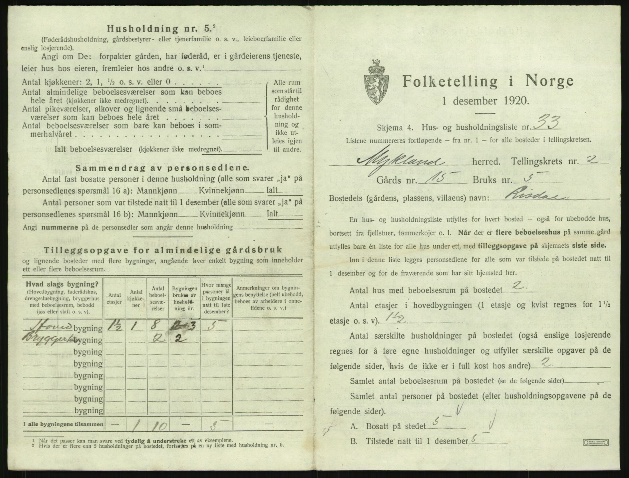 SAK, 1920 census for Mykland, 1920, p. 158