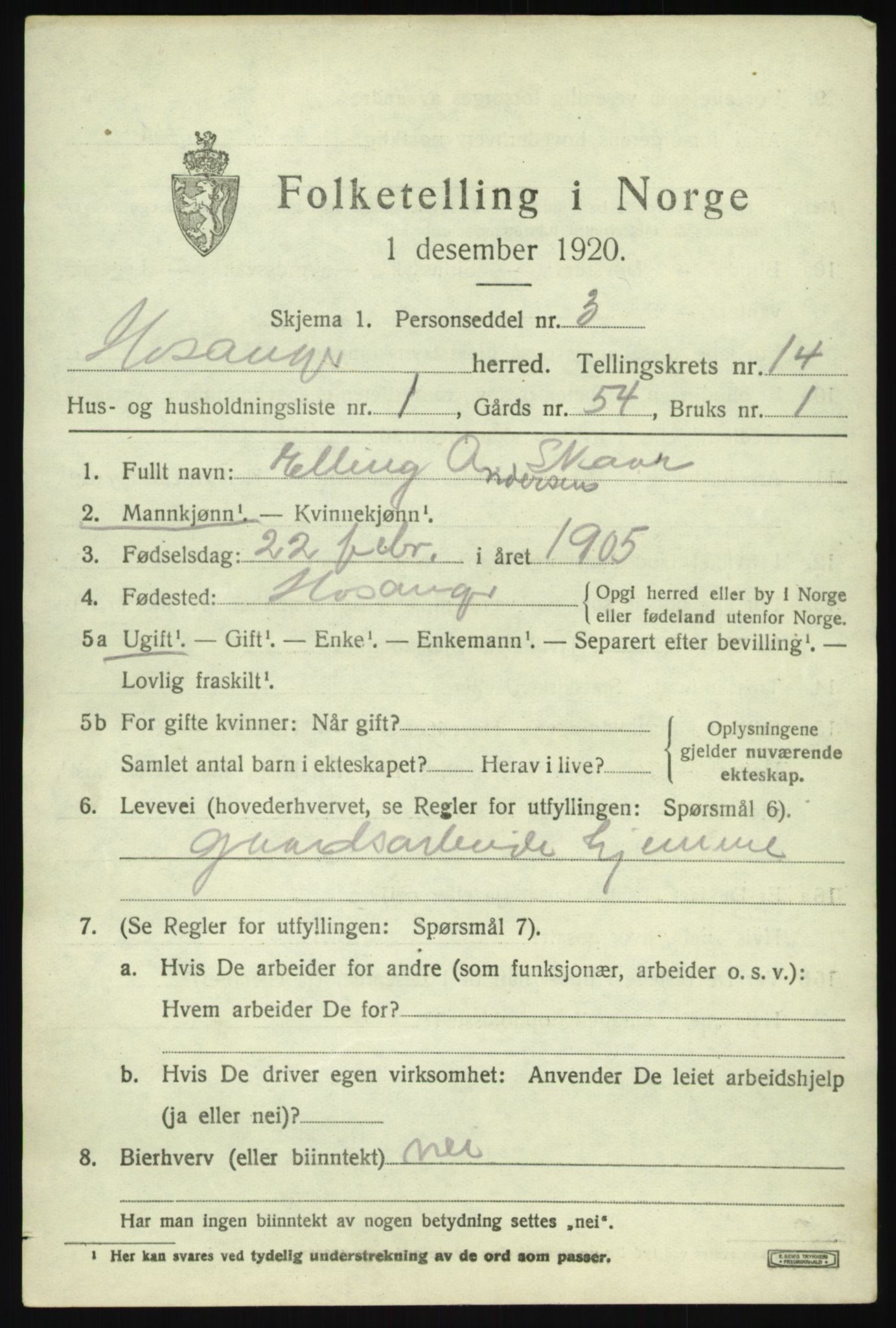 SAB, 1920 census for Hosanger, 1920, p. 5423