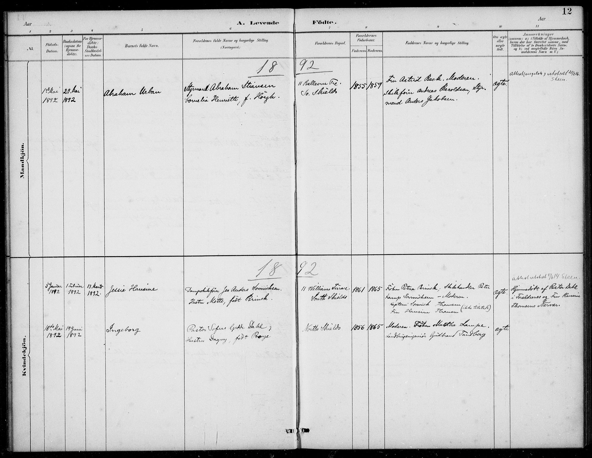 Den norske sjømannsmisjon i utlandet/Tyne-havnene (North Shields og New Castle), SAB/SAB/PA-0101/H/Ha/L0002: Parish register (official) no. A 2, 1883-1938, p. 12