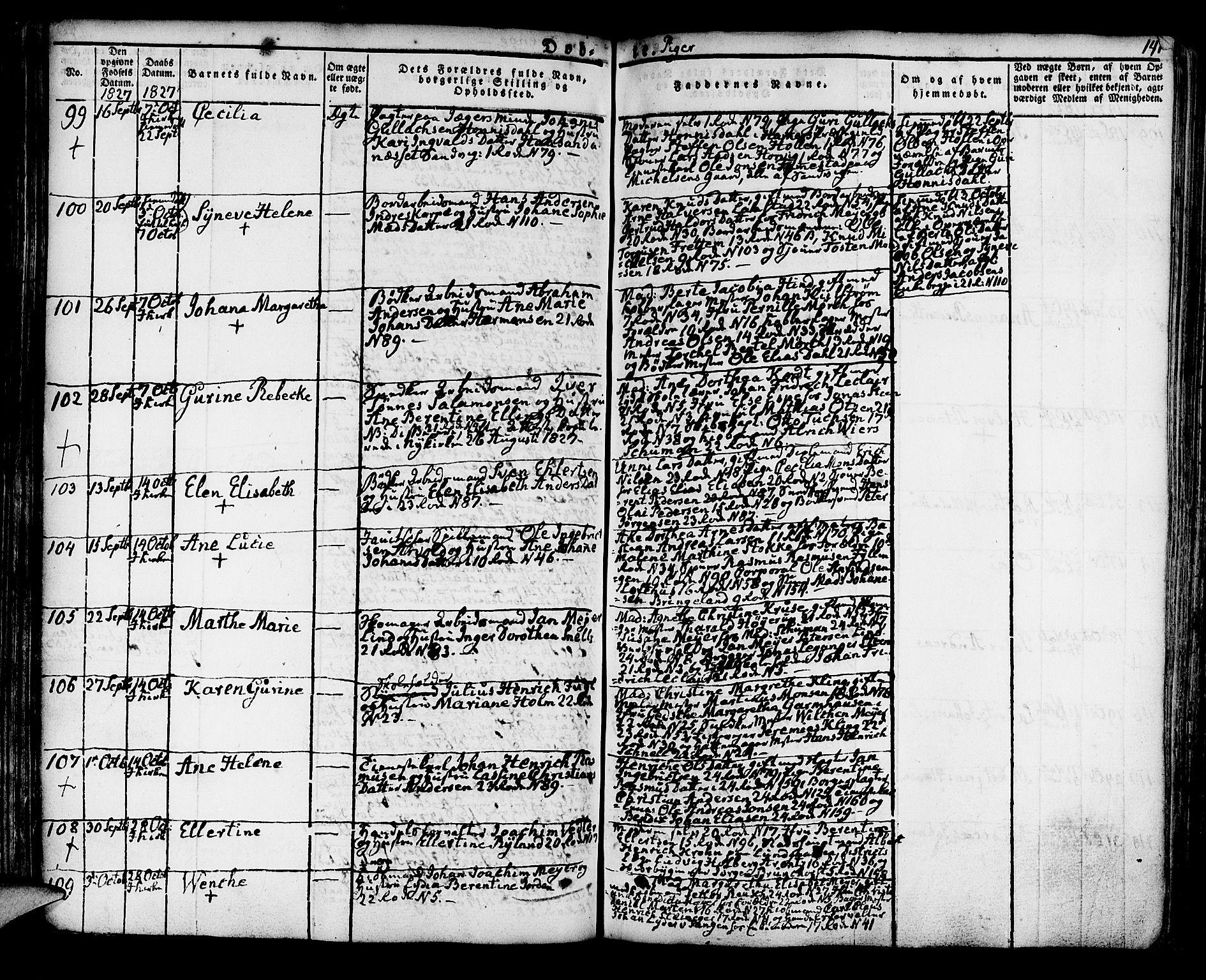 Korskirken sokneprestembete, AV/SAB-A-76101/H/Hab: Parish register (copy) no. A 3, 1821-1831, p. 141