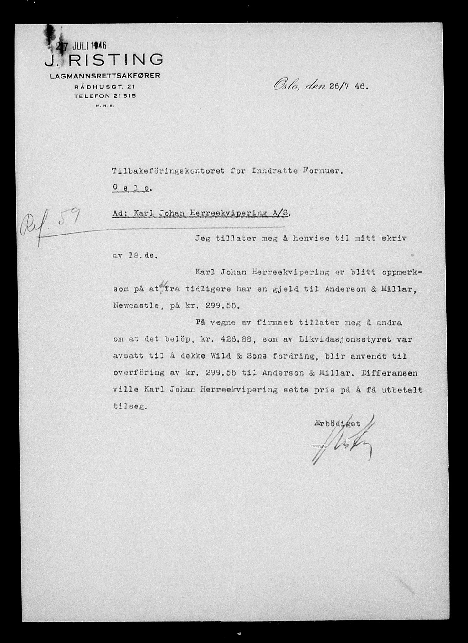 Justisdepartementet, Tilbakeføringskontoret for inndratte formuer, AV/RA-S-1564/H/Hc/Hcc/L0949: --, 1945-1947, p. 52