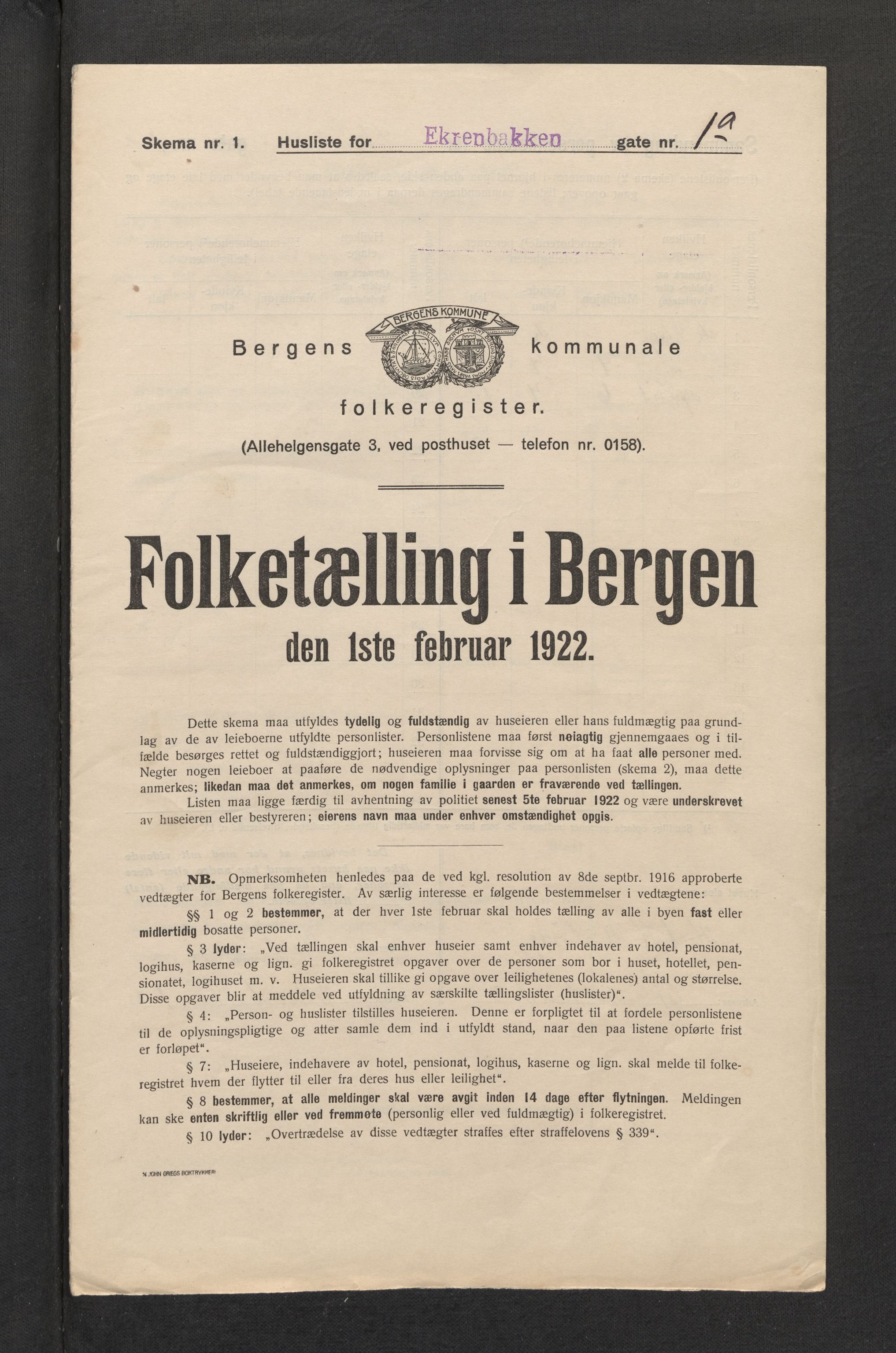 SAB, Municipal Census 1922 for Bergen, 1922, p. 6638