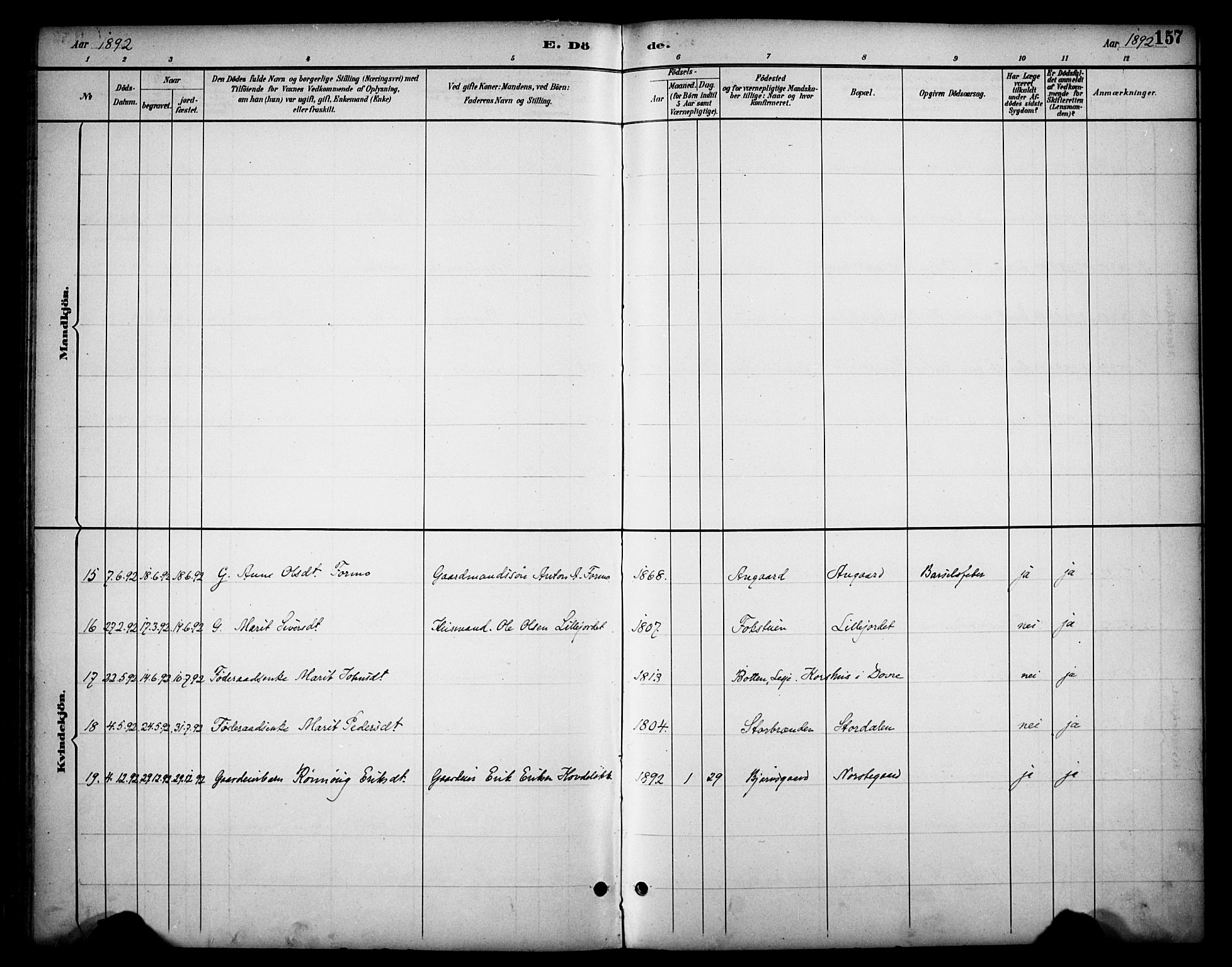 Dovre prestekontor, AV/SAH-PREST-066/H/Ha/Haa/L0003: Parish register (official) no. 3, 1891-1901, p. 157