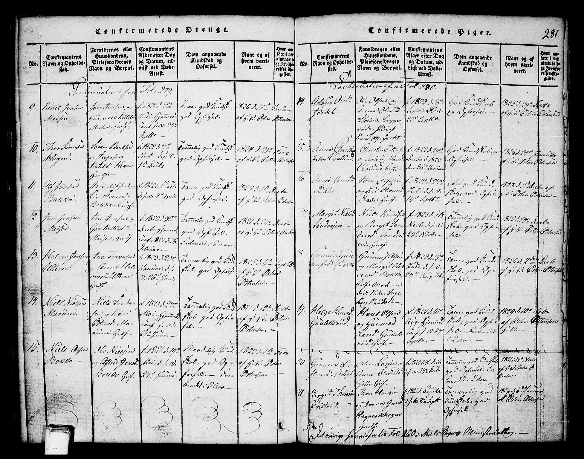 Tinn kirkebøker, SAKO/A-308/G/Ga/L0001: Parish register (copy) no. I 1, 1815-1850, p. 281