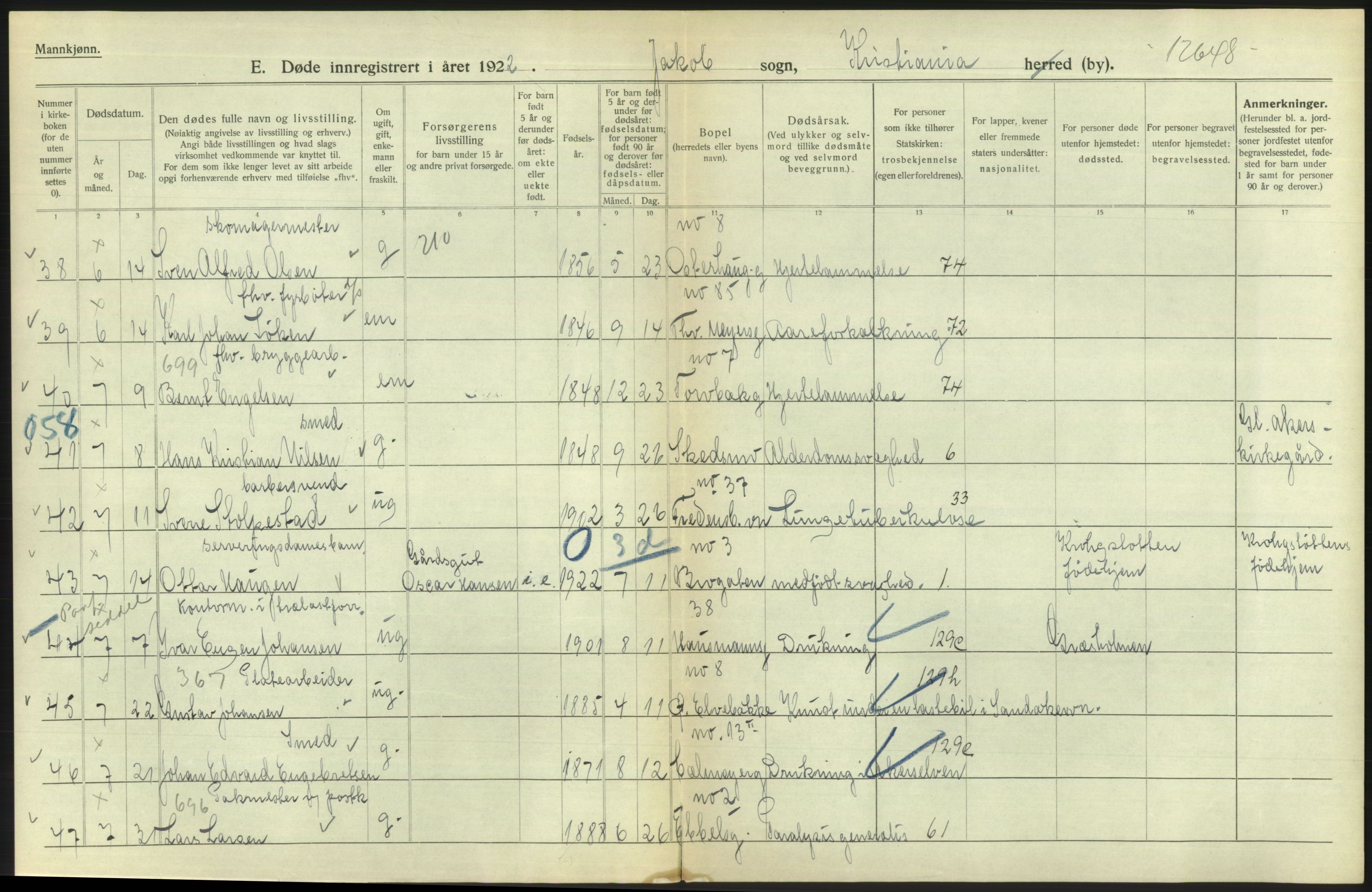 Statistisk sentralbyrå, Sosiodemografiske emner, Befolkning, AV/RA-S-2228/D/Df/Dfc/Dfcb/L0009: Kristiania: Døde, 1922, p. 220