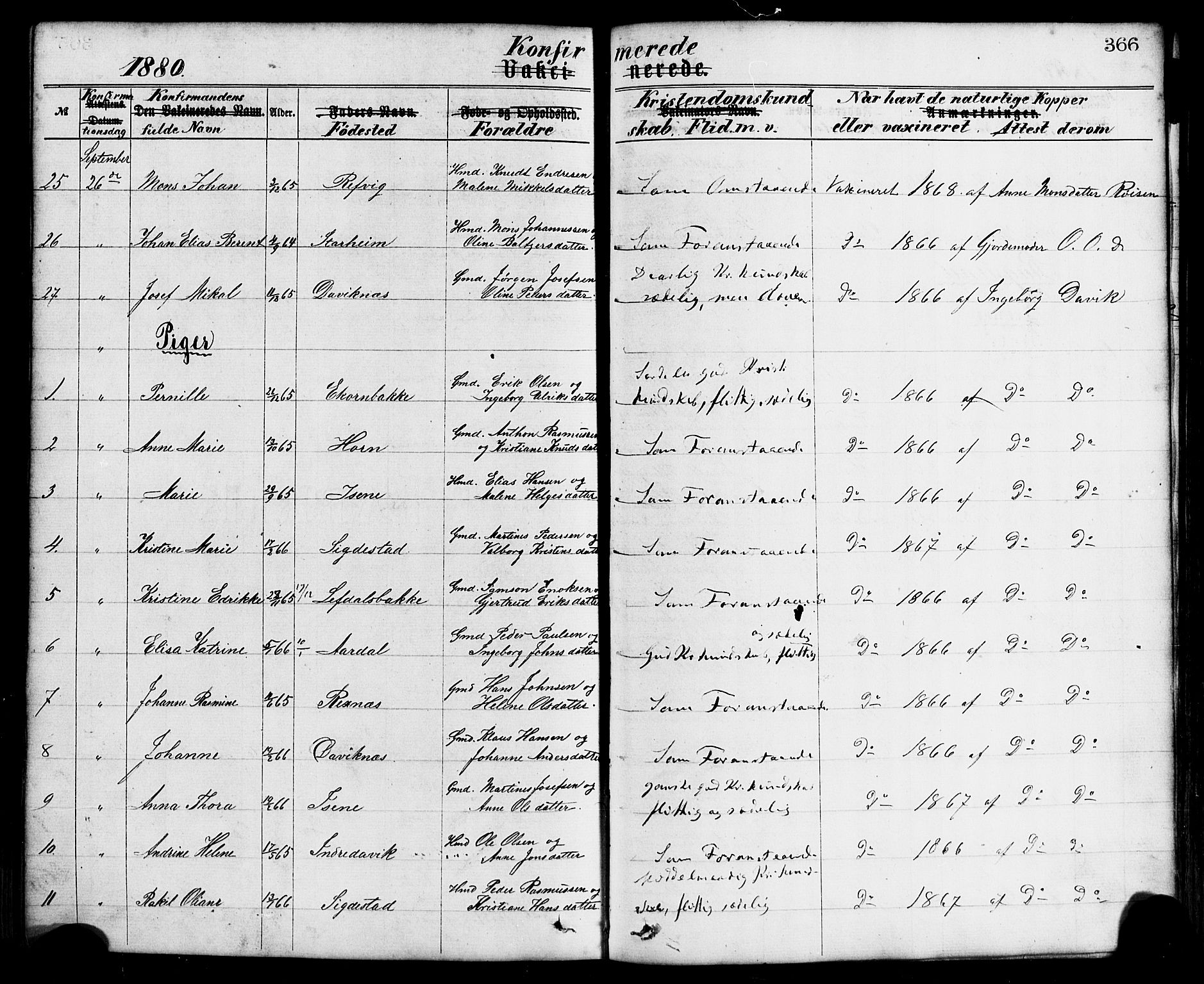 Davik sokneprestembete, AV/SAB-A-79701/H/Haa/Haaa/L0006: Parish register (official) no. A 6, 1867-1881, p. 366