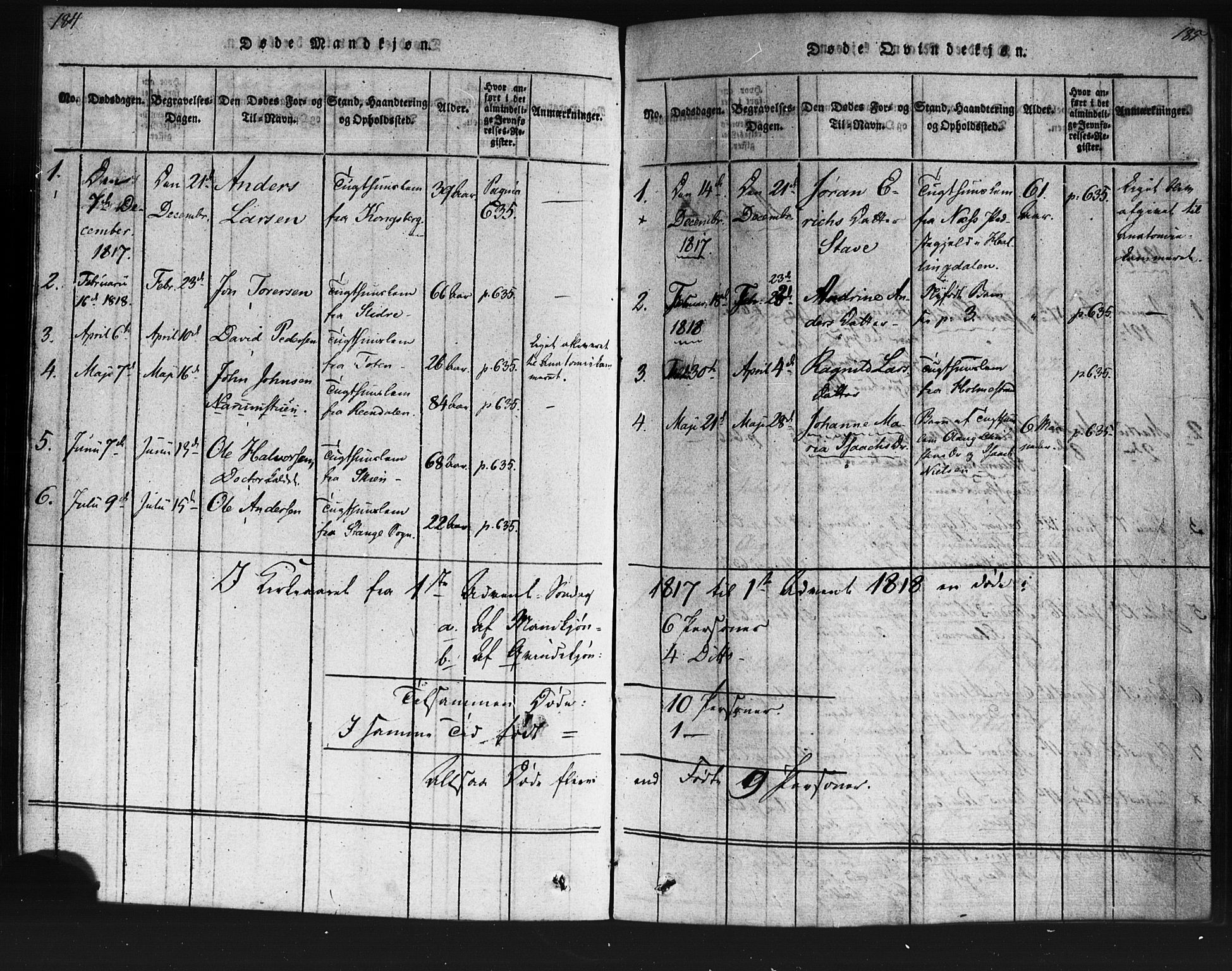 Kristiania tukthusprest Kirkebøker, SAO/A-10881/F/Fa/L0002: Parish register (official) no. 2, 1817-1830, p. 184-185