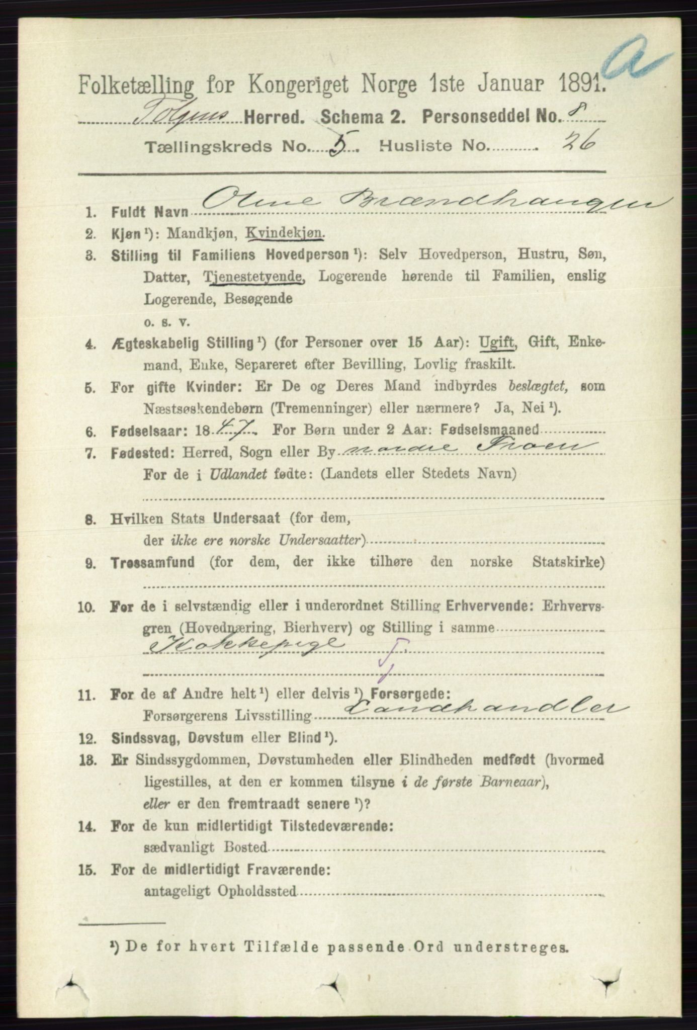 RA, 1891 census for 0436 Tolga, 1891, p. 1458