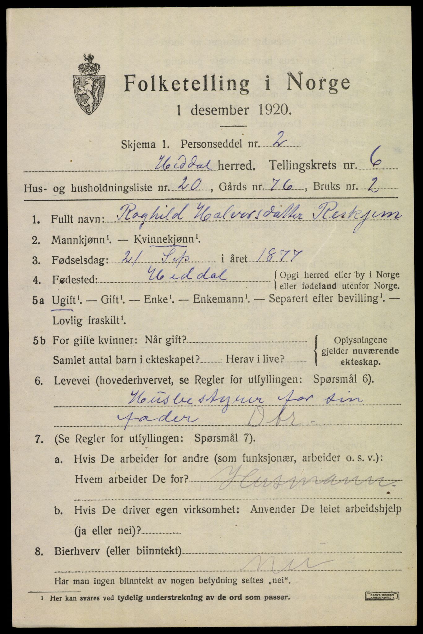 SAKO, 1920 census for Heddal, 1920, p. 5410