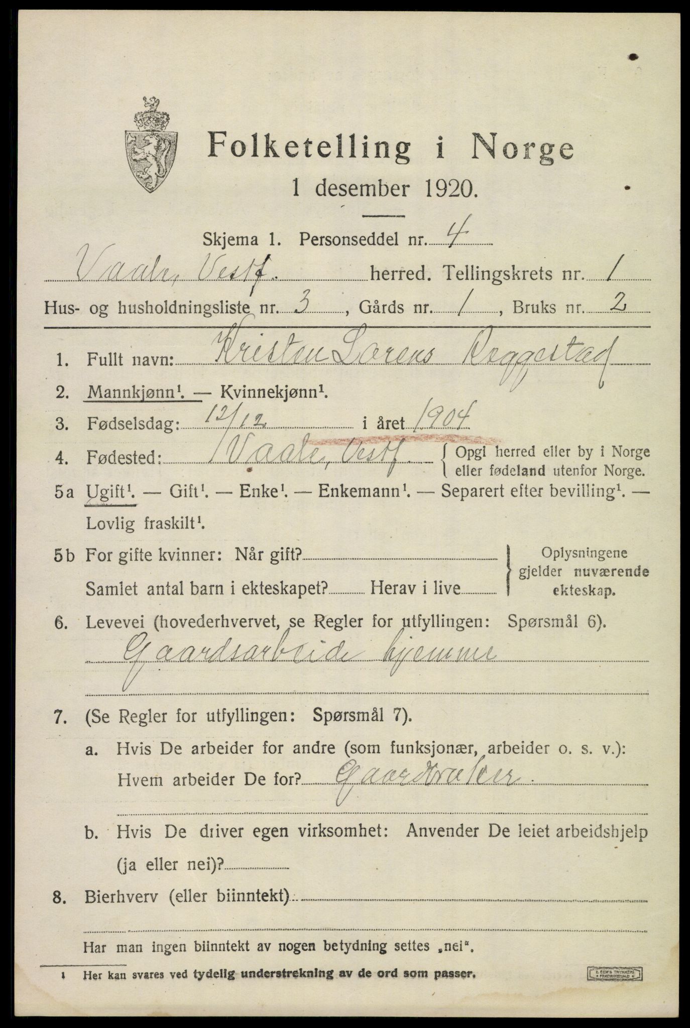 SAKO, 1920 census for Våle, 1920, p. 1106