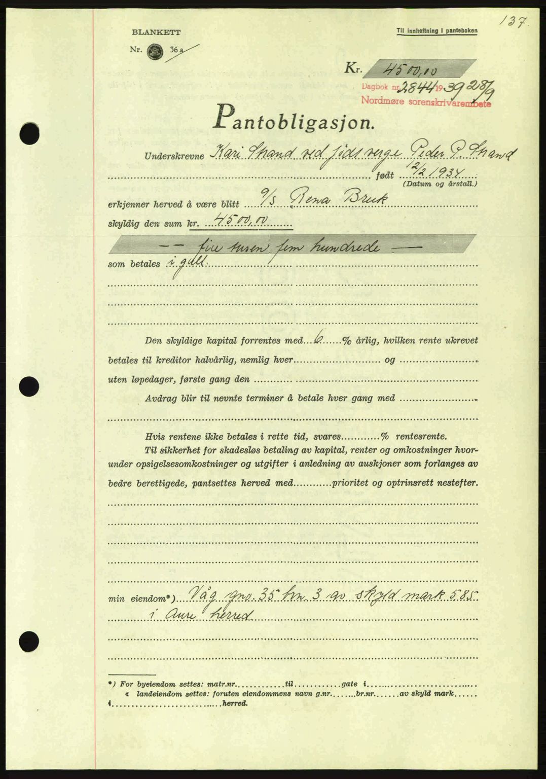 Nordmøre sorenskriveri, AV/SAT-A-4132/1/2/2Ca: Mortgage book no. B86, 1939-1940, Diary no: : 2844/1939