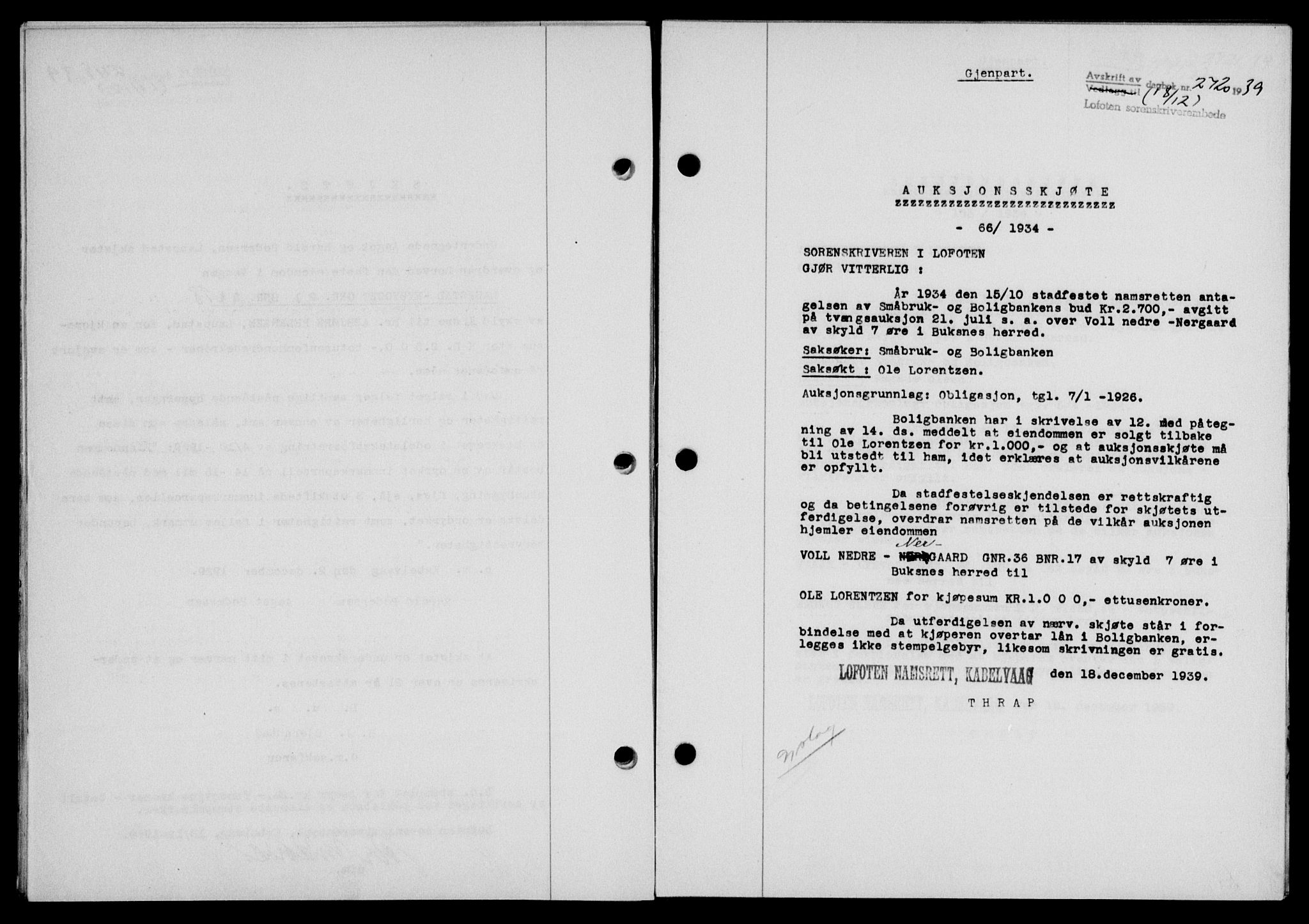 Lofoten sorenskriveri, SAT/A-0017/1/2/2C/L0007a: Mortgage book no. 7a, 1939-1940, Diary no: : 2720/1939
