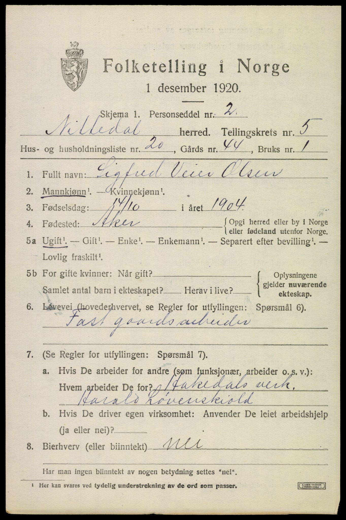 SAO, 1920 census for Nittedal, 1920, p. 6702