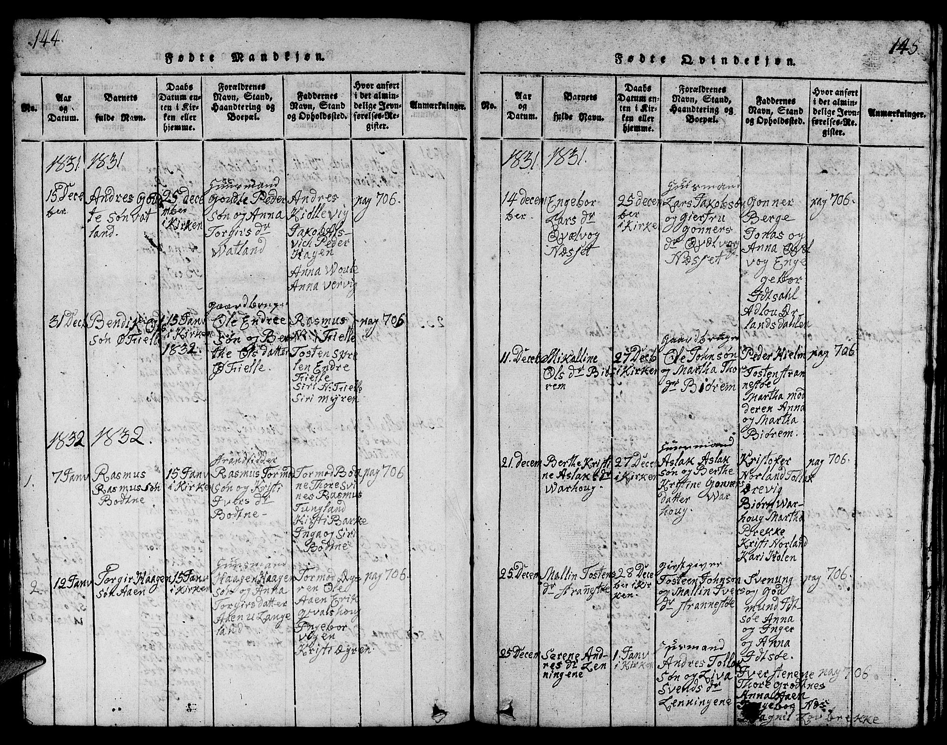 Strand sokneprestkontor, AV/SAST-A-101828/H/Ha/Hab/L0001: Parish register (copy) no. B 1, 1816-1854, p. 144-145