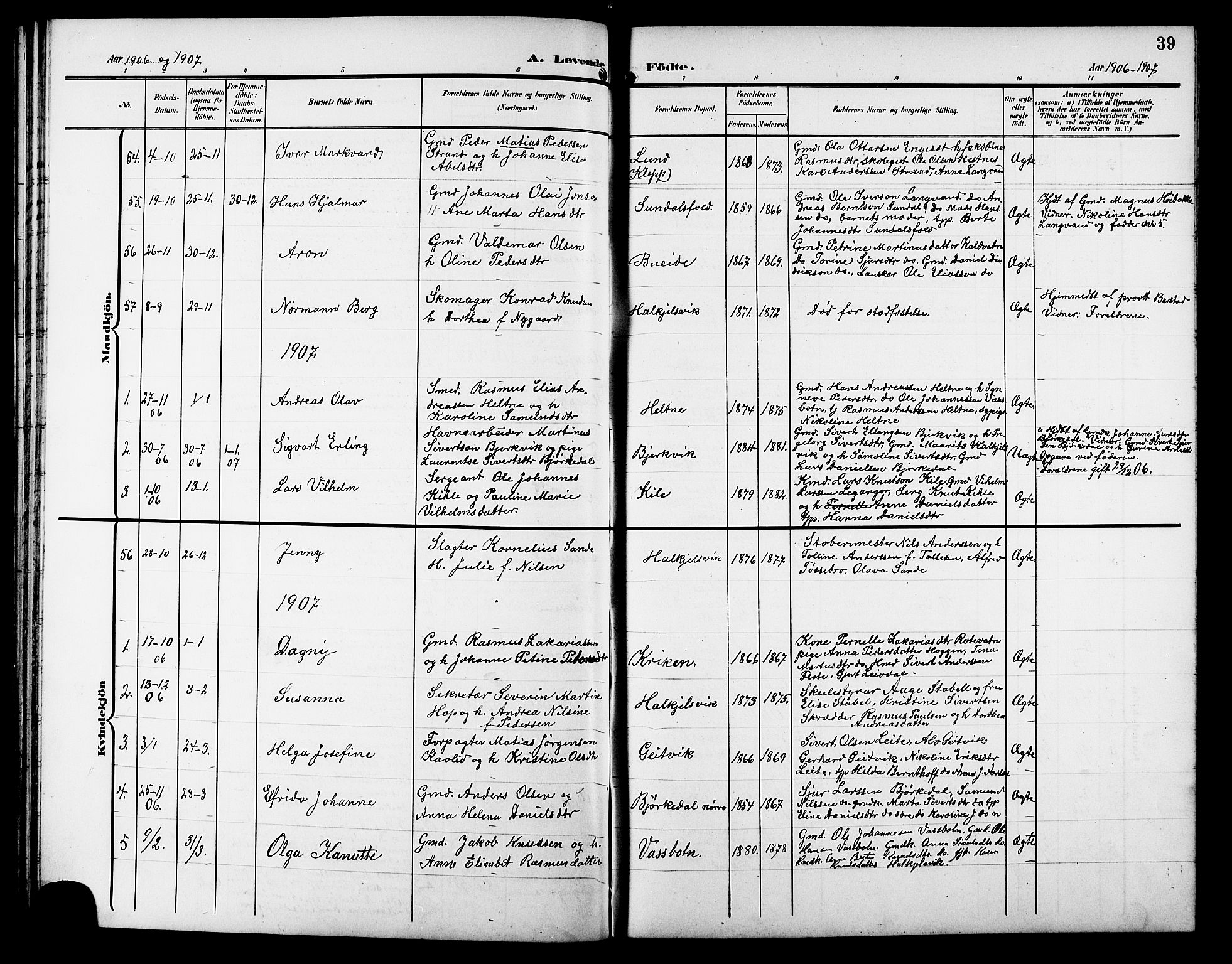 Ministerialprotokoller, klokkerbøker og fødselsregistre - Møre og Romsdal, SAT/A-1454/511/L0159: Parish register (copy) no. 511C05, 1902-1920, p. 39