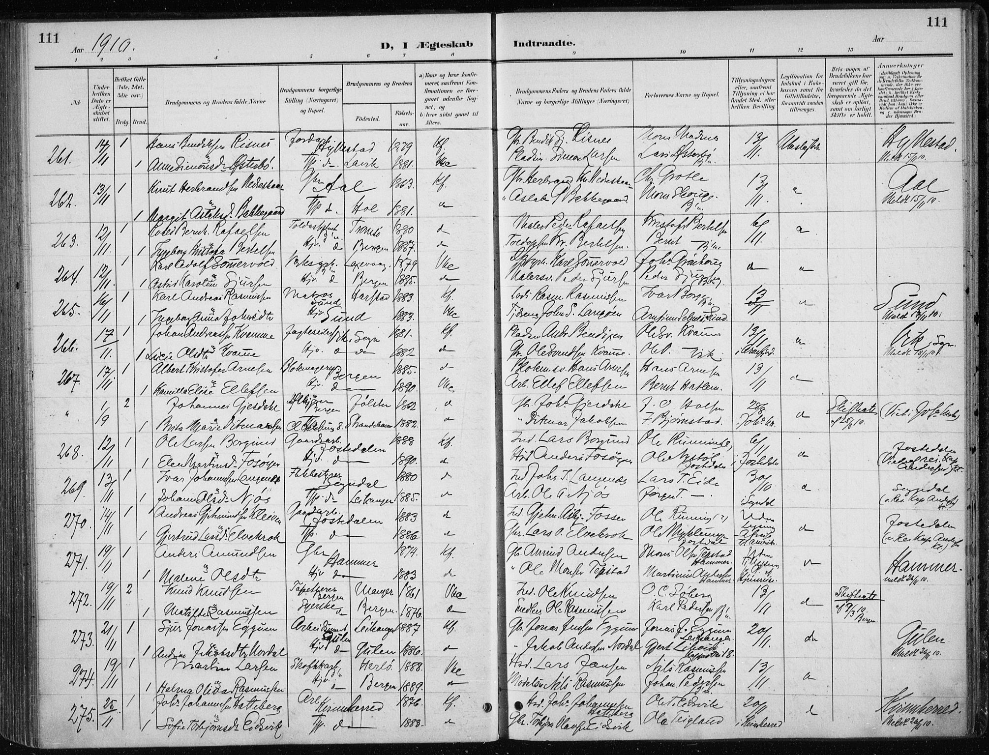 Nykirken Sokneprestembete, SAB/A-77101/H/Haa/L0035: Parish register (official) no. D 5, 1905-1913, p. 111