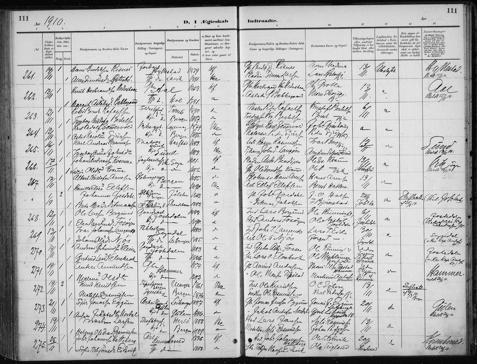 Nykirken Sokneprestembete, AV/SAB-A-77101/H/Haa/L0035: Parish register (official) no. D 5, 1905-1913, p. 111