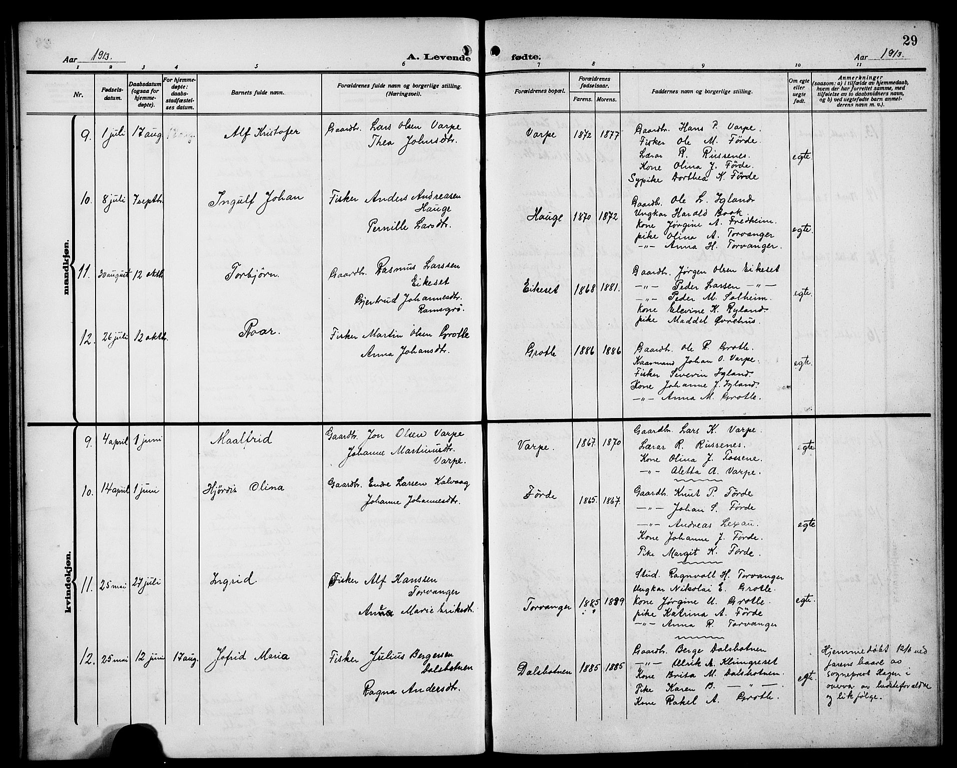 Bremanger sokneprestembete, AV/SAB-A-82201/H/Hab/Habc/L0001: Parish register (copy) no. C 1, 1908-1919, p. 29