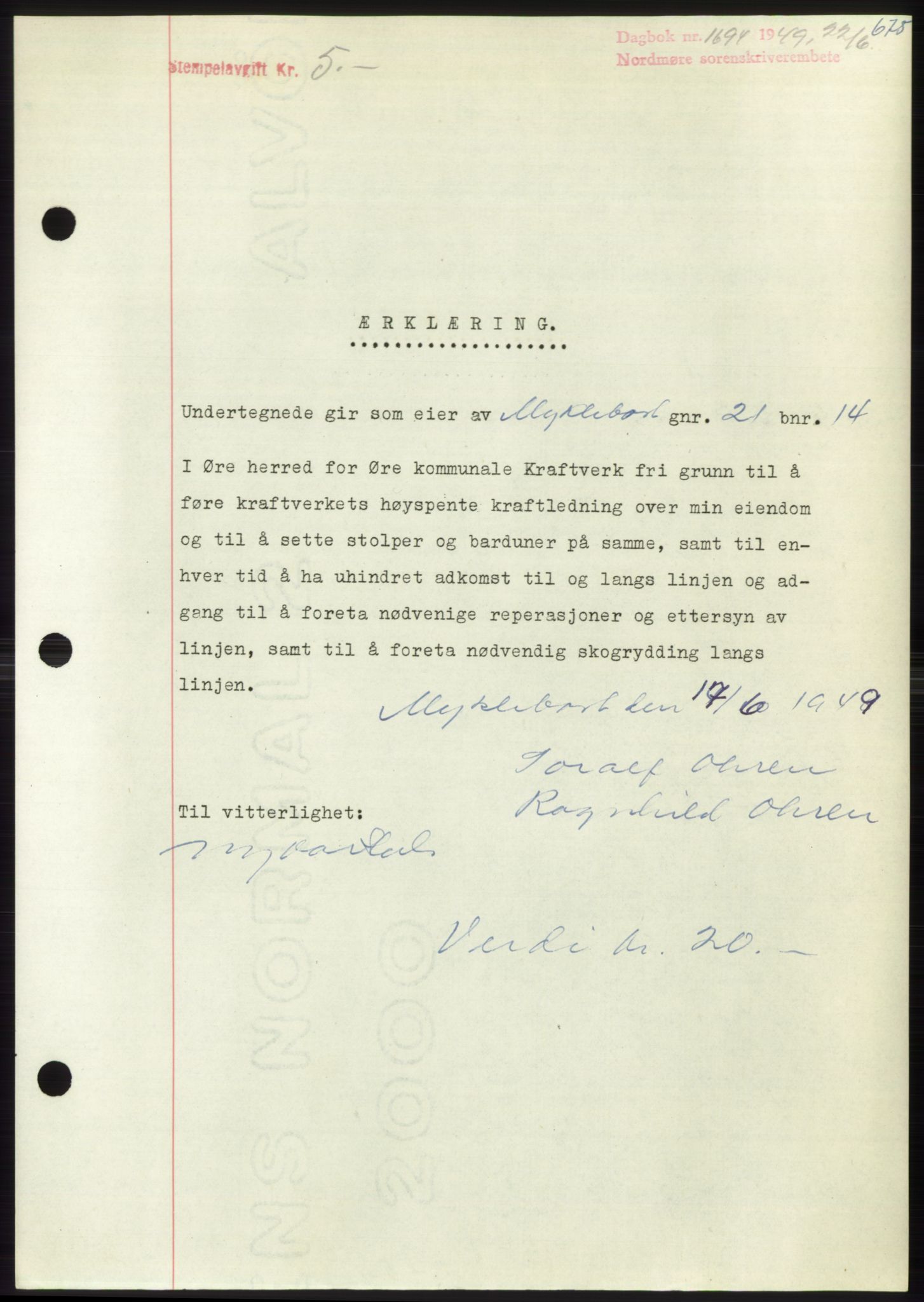 Nordmøre sorenskriveri, AV/SAT-A-4132/1/2/2Ca: Mortgage book no. B101, 1949-1949, Diary no: : 1694/1949