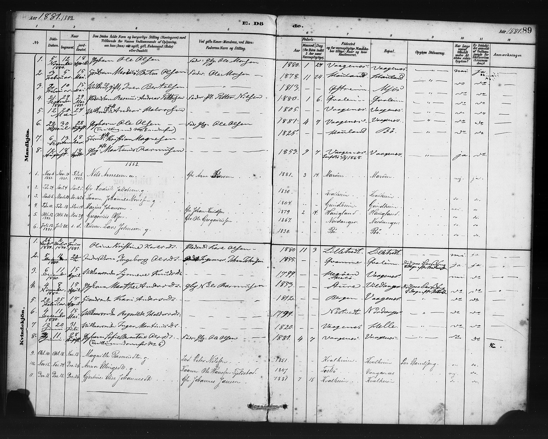 Manger sokneprestembete, SAB/A-76801/H/Haa: Parish register (official) no. C 1, 1881-1890, p. 89