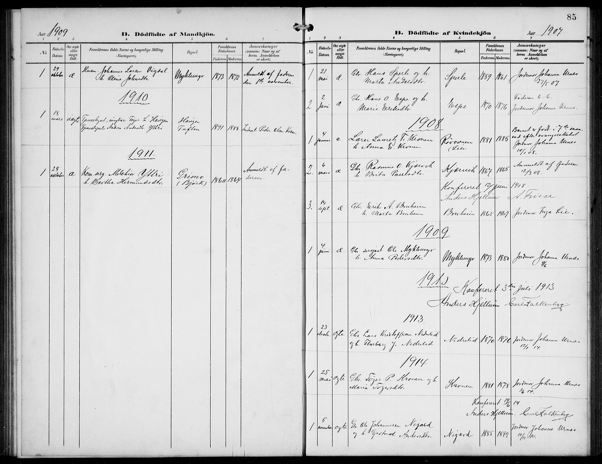 Jostedal sokneprestembete, AV/SAB-A-80601/H/Hab/Haba/L0002: Parish register (copy) no. A 2, 1907-1931, p. 85