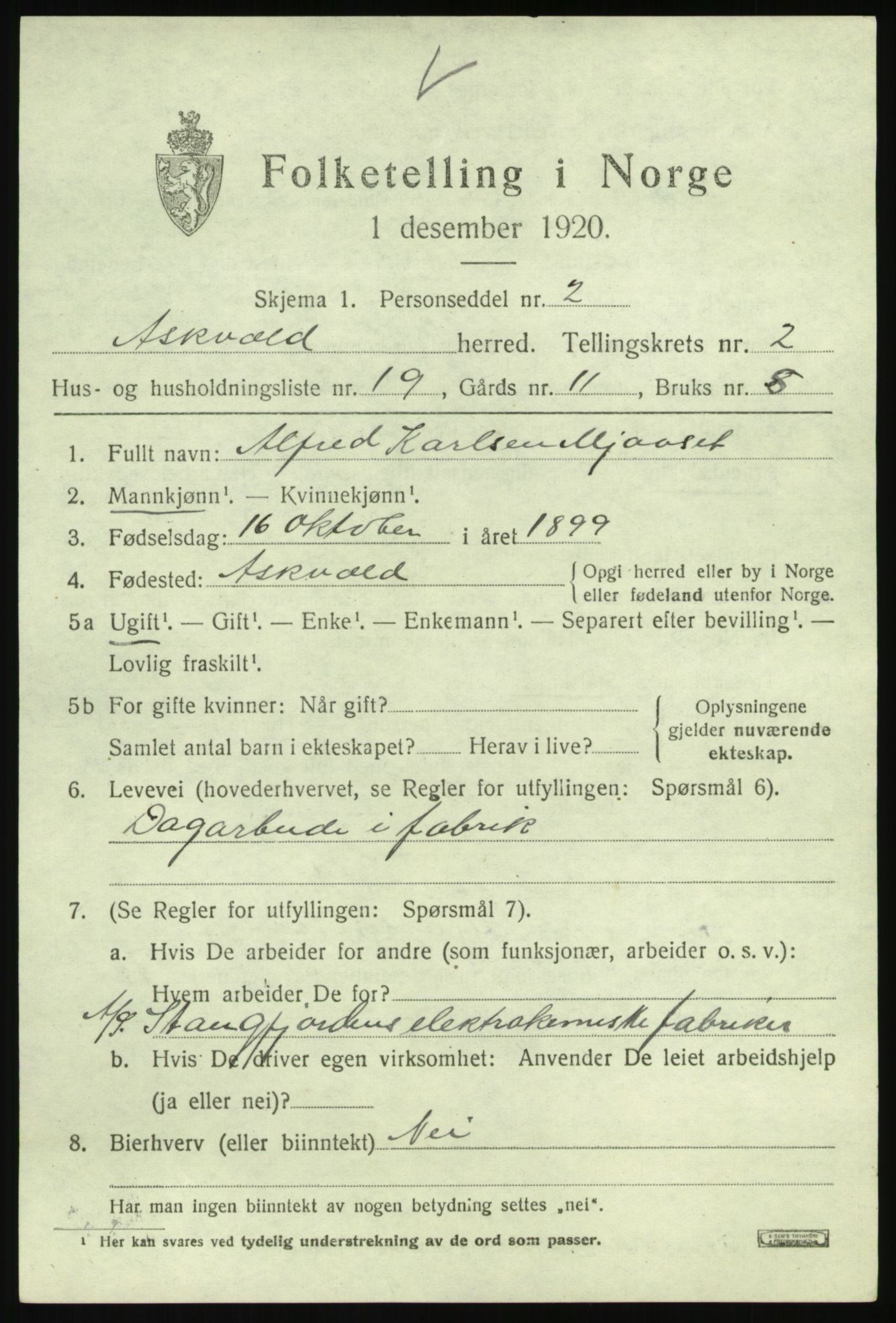 SAB, 1920 census for Askvoll, 1920, p. 2052