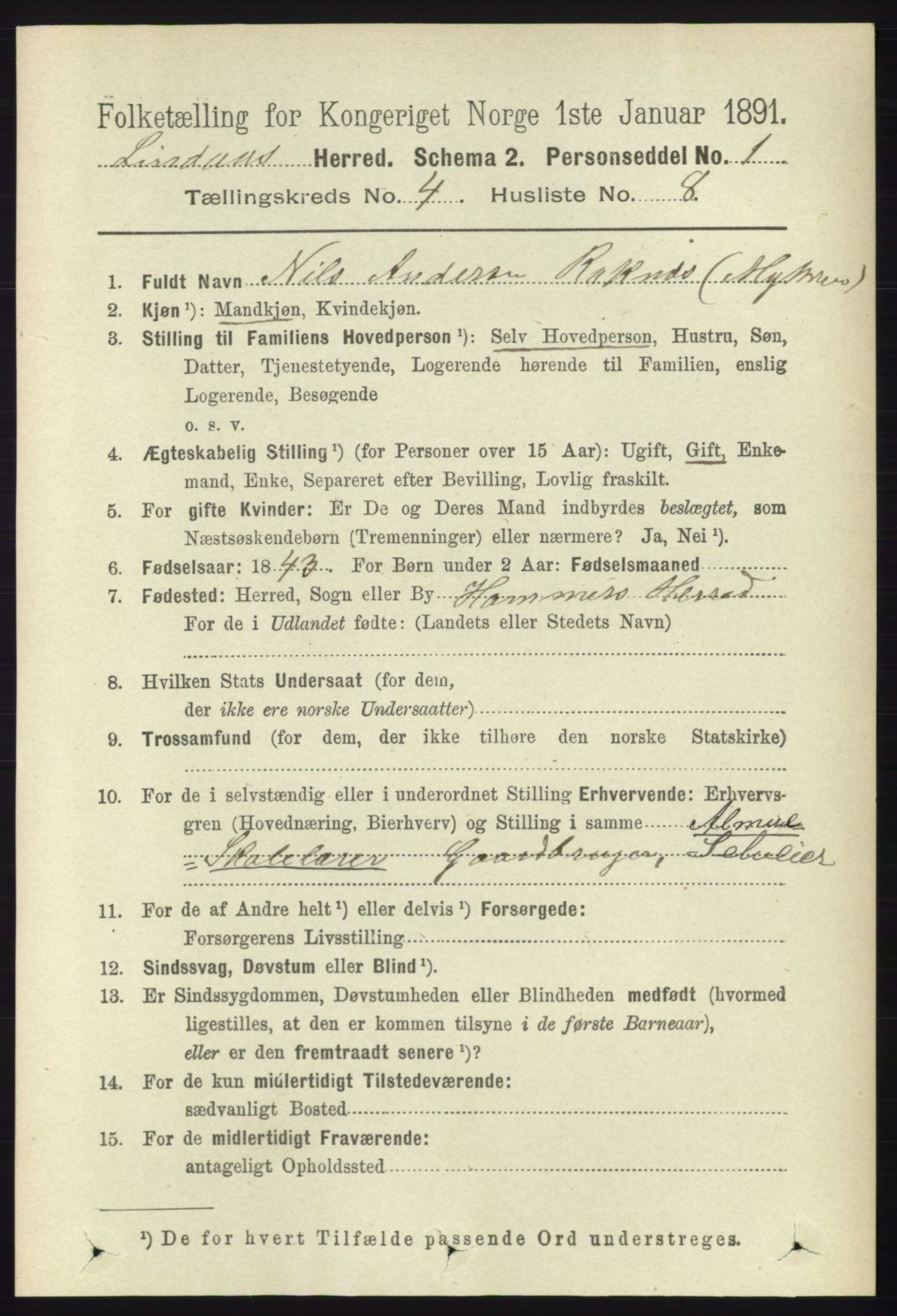 RA, 1891 census for 1263 Lindås, 1891, p. 1177