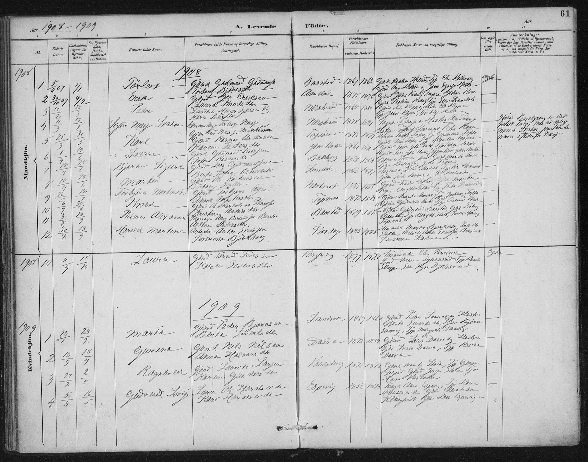 Nedstrand sokneprestkontor, SAST/A-101841/01/IV: Parish register (official) no. A 12, 1887-1915, p. 61