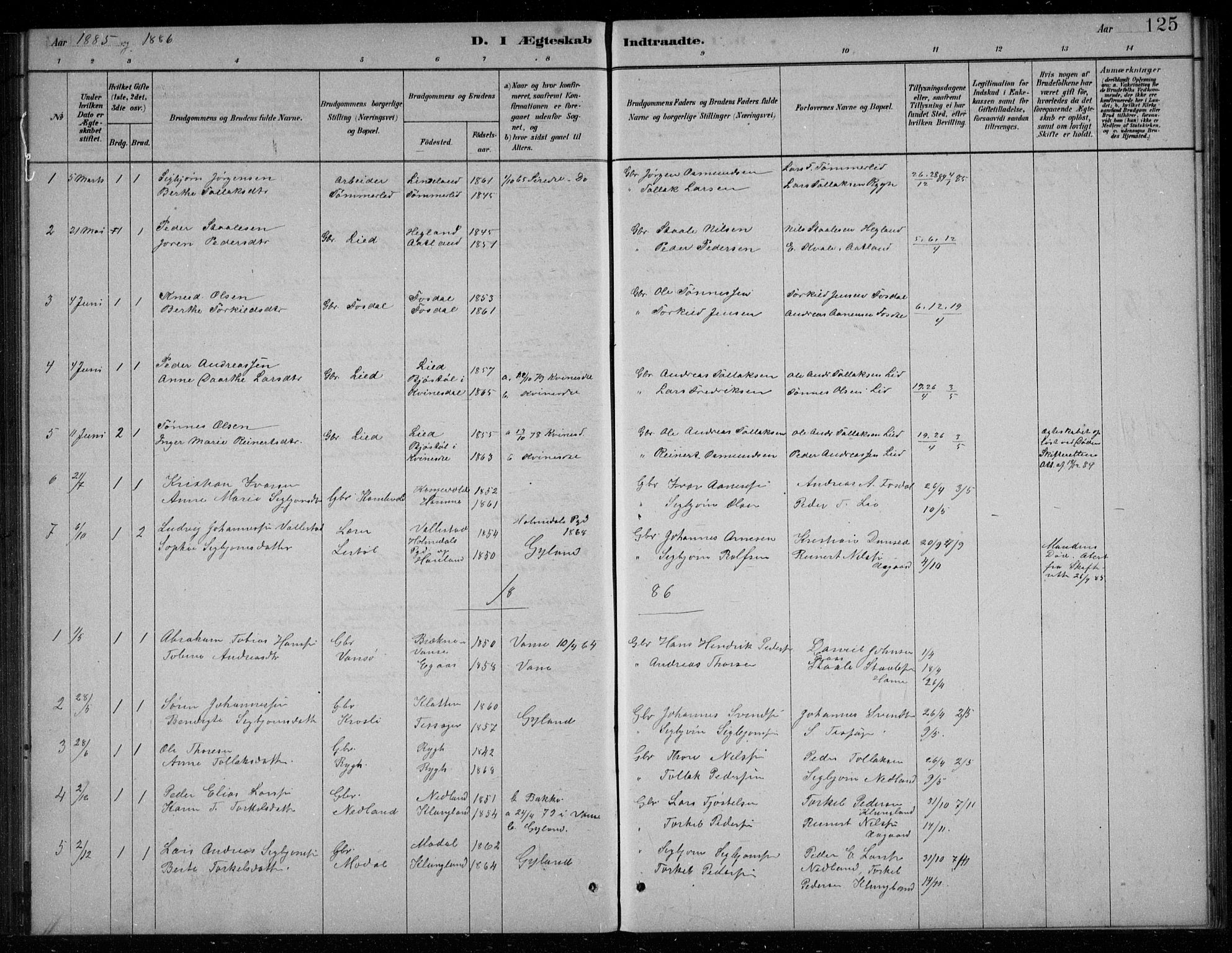 Bakke sokneprestkontor, SAK/1111-0002/F/Fb/Fbb/L0003: Parish register (copy) no. B 3, 1878-1896, p. 125