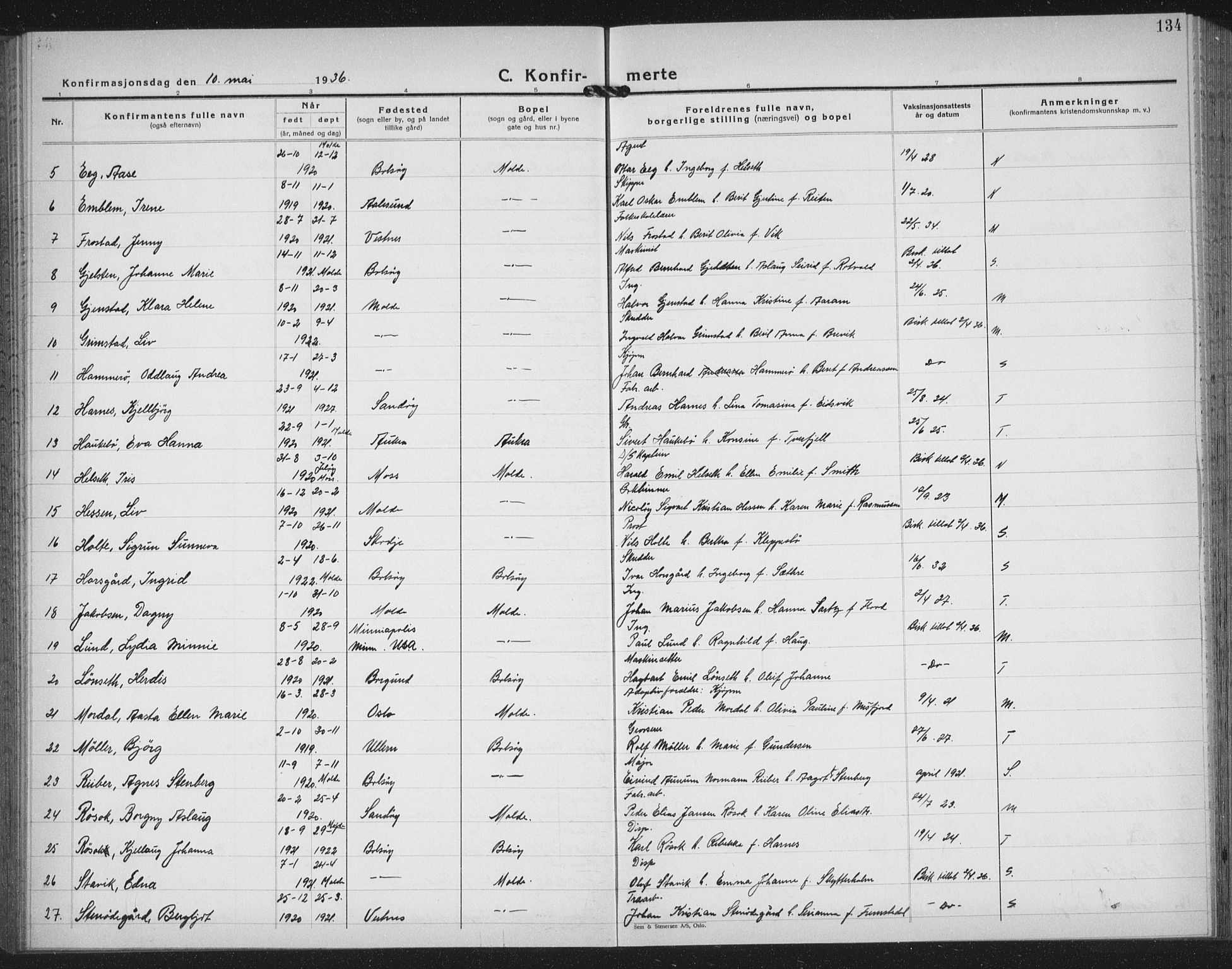 Ministerialprotokoller, klokkerbøker og fødselsregistre - Møre og Romsdal, AV/SAT-A-1454/558/L0704: Parish register (copy) no. 558C05, 1921-1942, p. 134