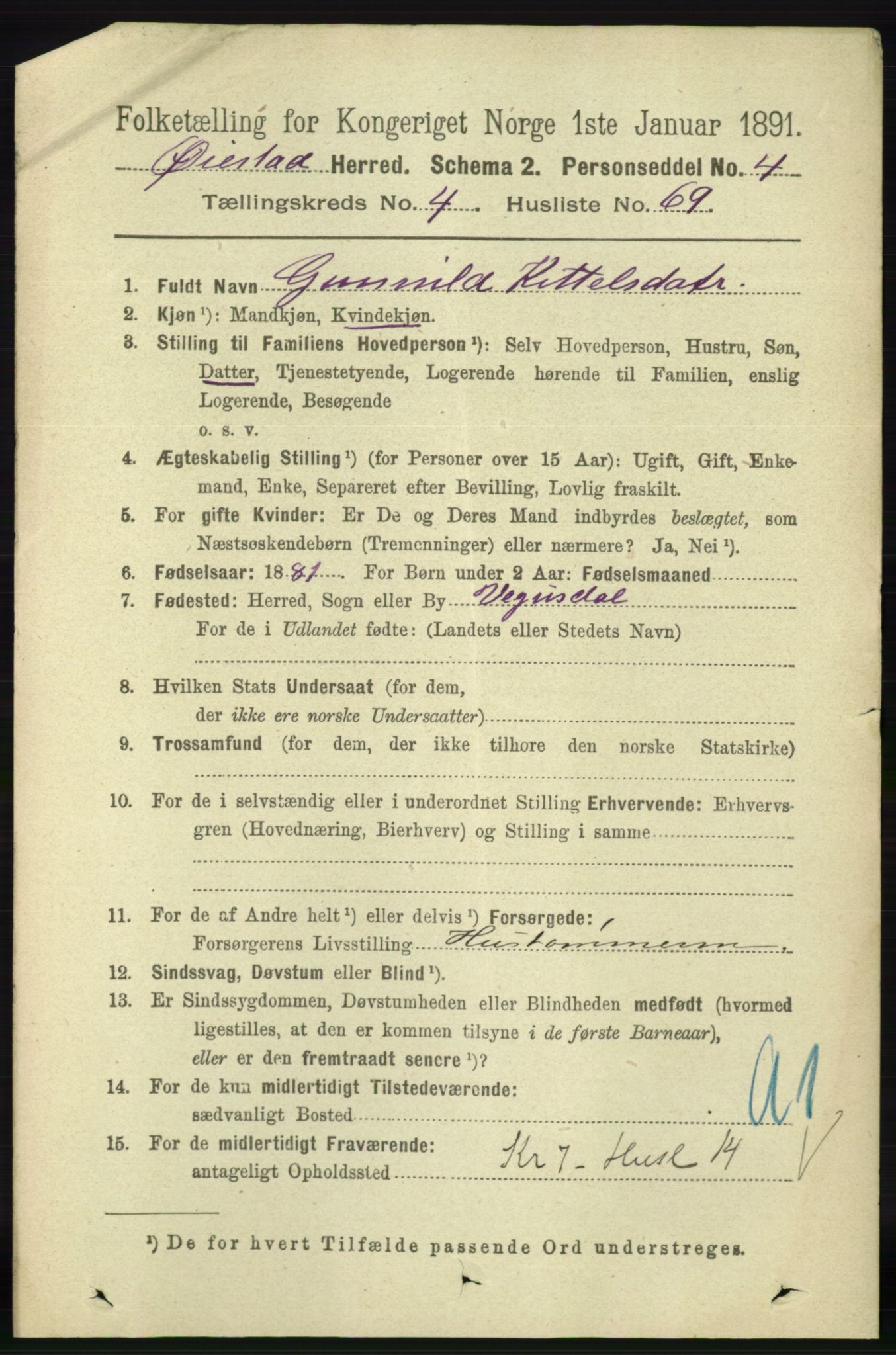 RA, 1891 census for 0920 Øyestad, 1891, p. 1755