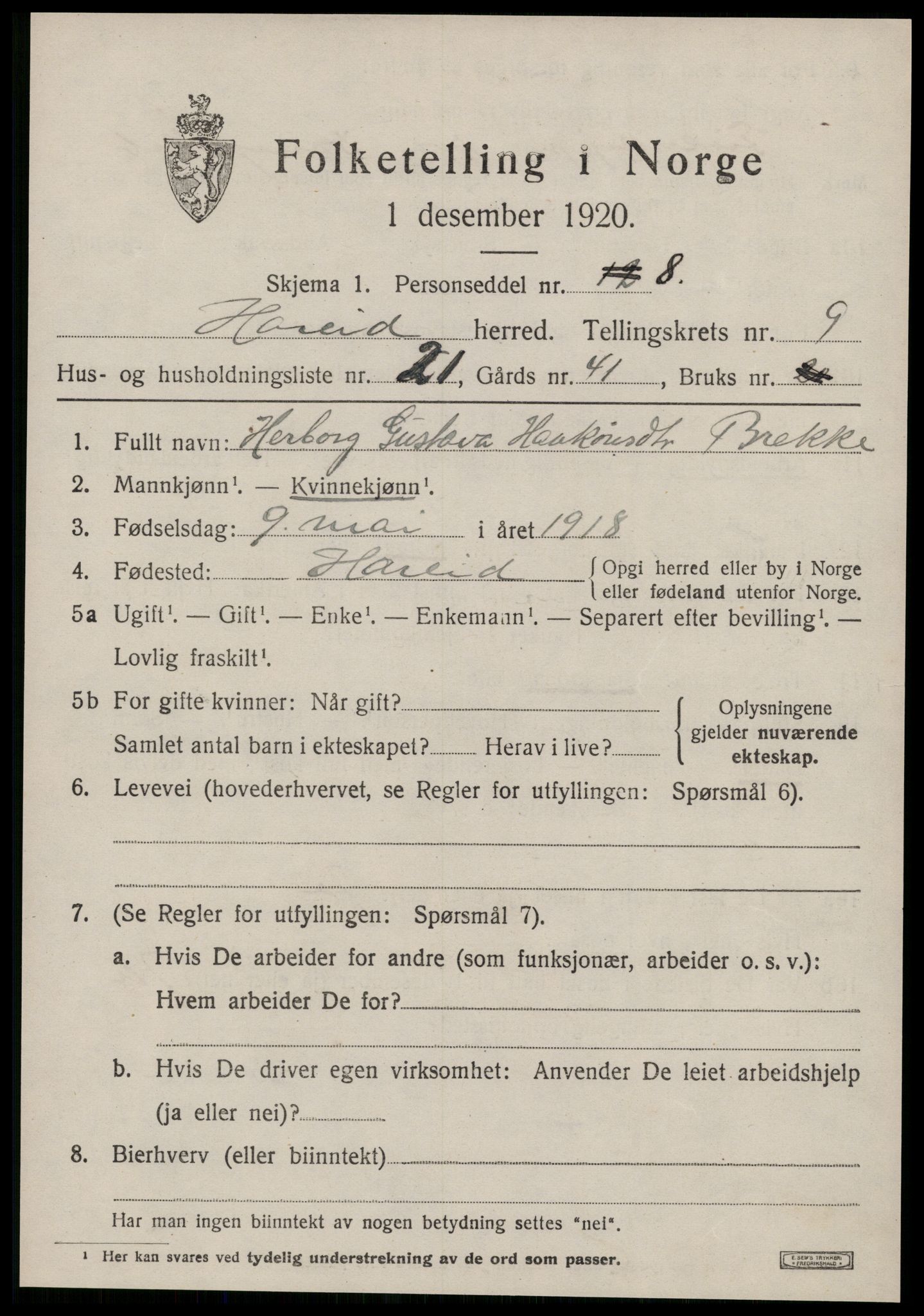 SAT, 1920 census for Hareid, 1920, p. 3513