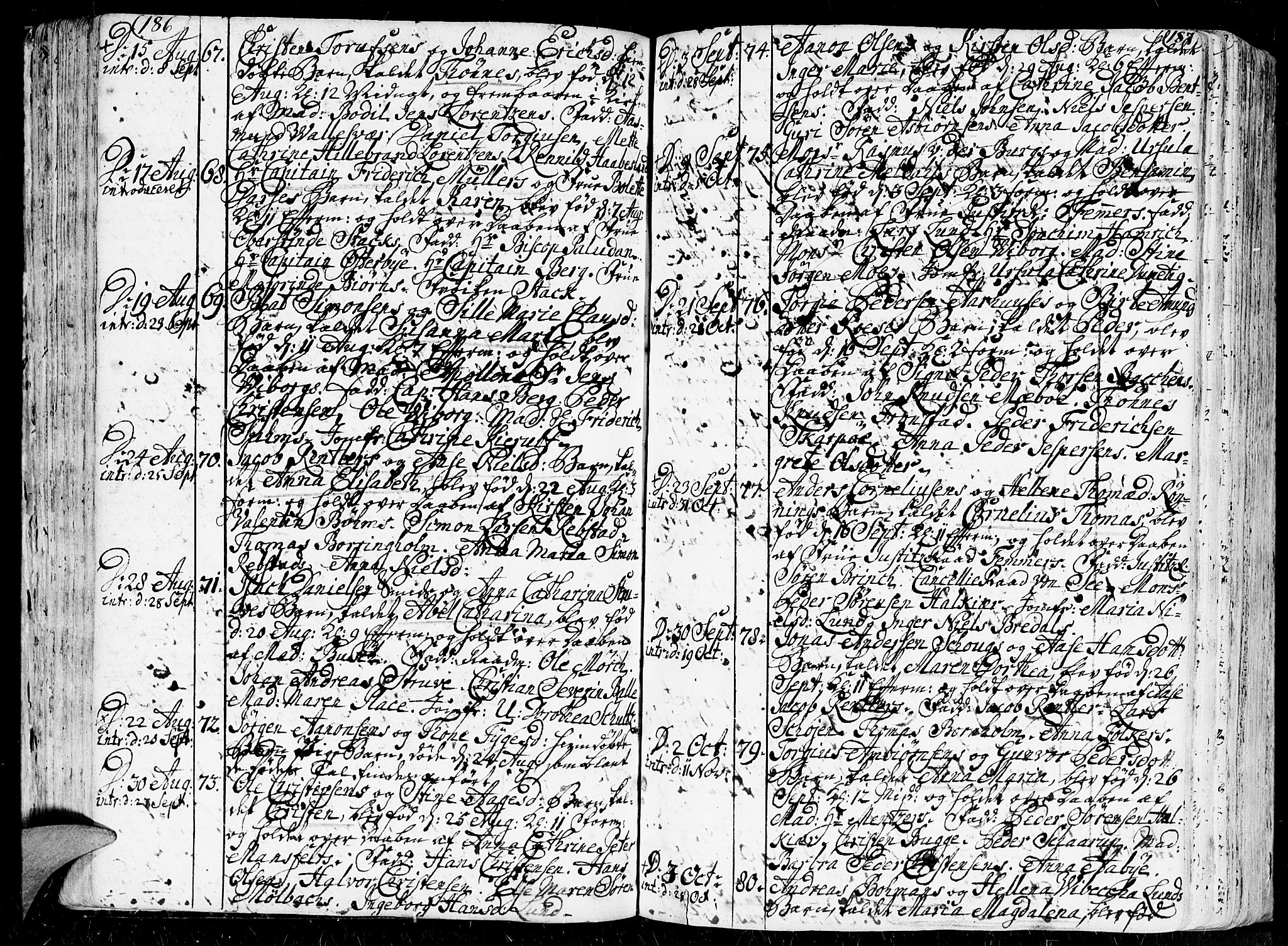 Kristiansand domprosti, AV/SAK-1112-0006/F/Fa/L0001: Parish register (official) no. A 1, 1734-1793, p. 186-187