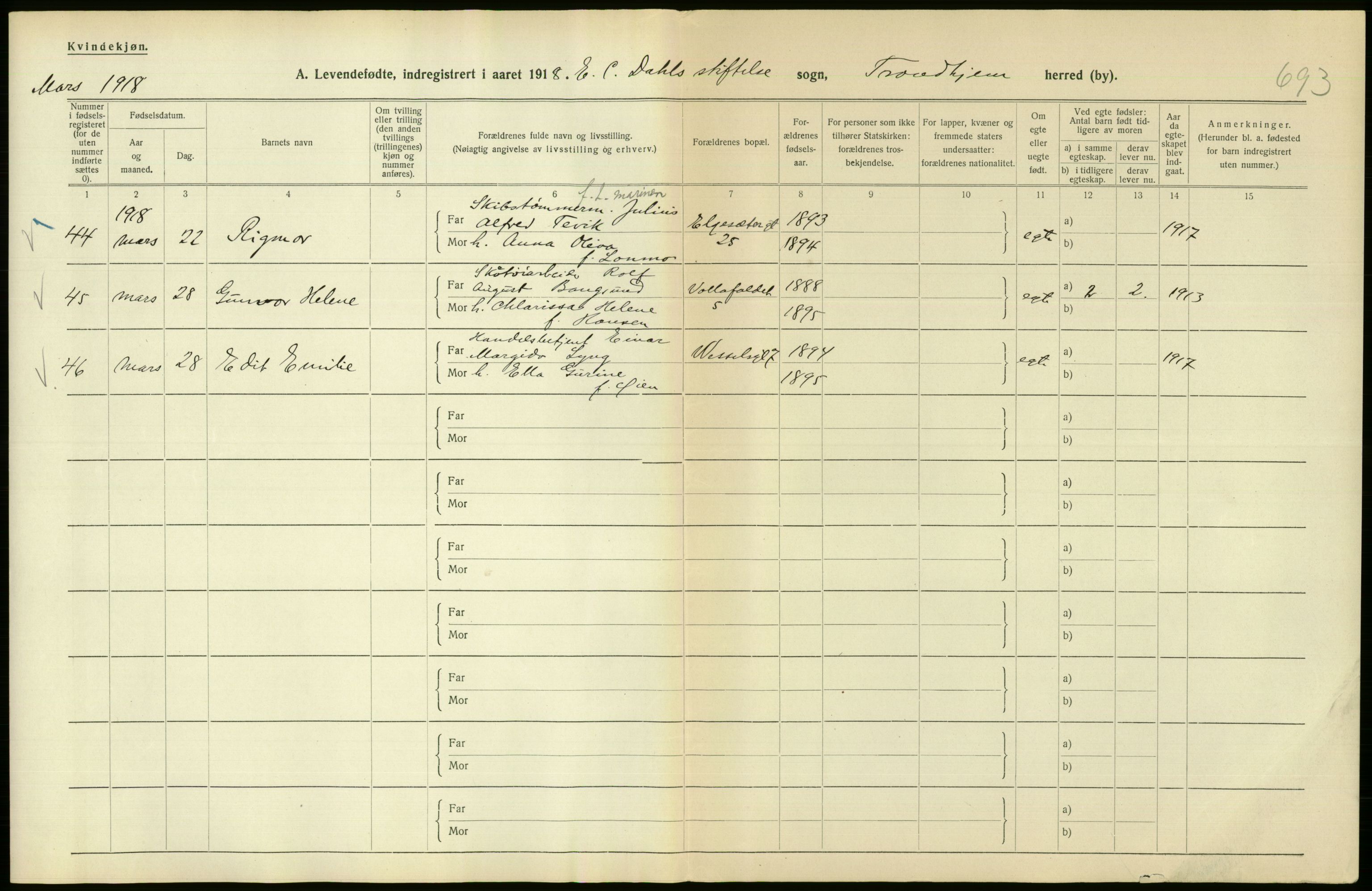 Statistisk sentralbyrå, Sosiodemografiske emner, Befolkning, AV/RA-S-2228/D/Df/Dfb/Dfbh/L0048: Trondheim: Levendefødte menn og kvinner, gifte., 1918, p. 628