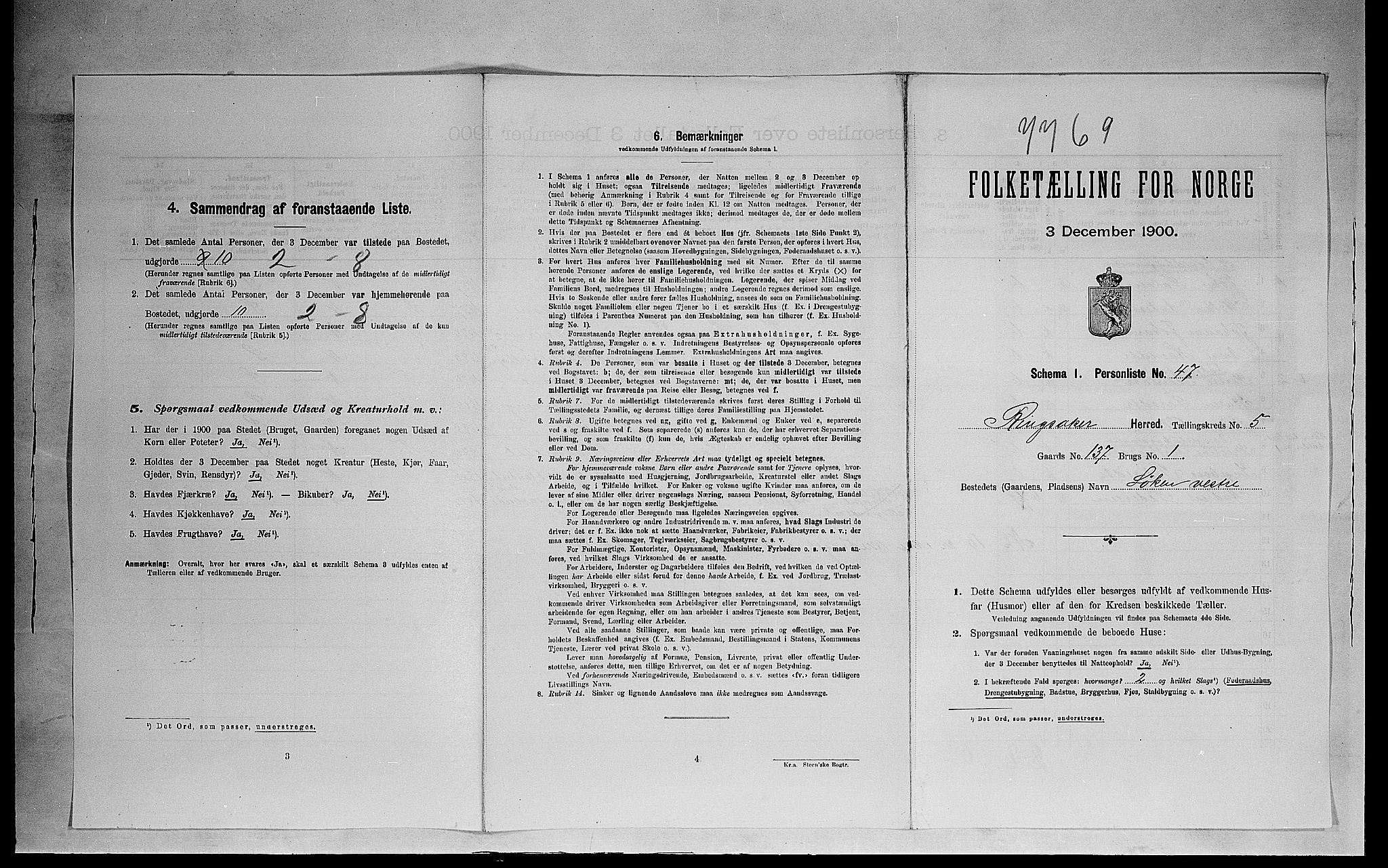 SAH, 1900 census for Ringsaker, 1900, p. 1137