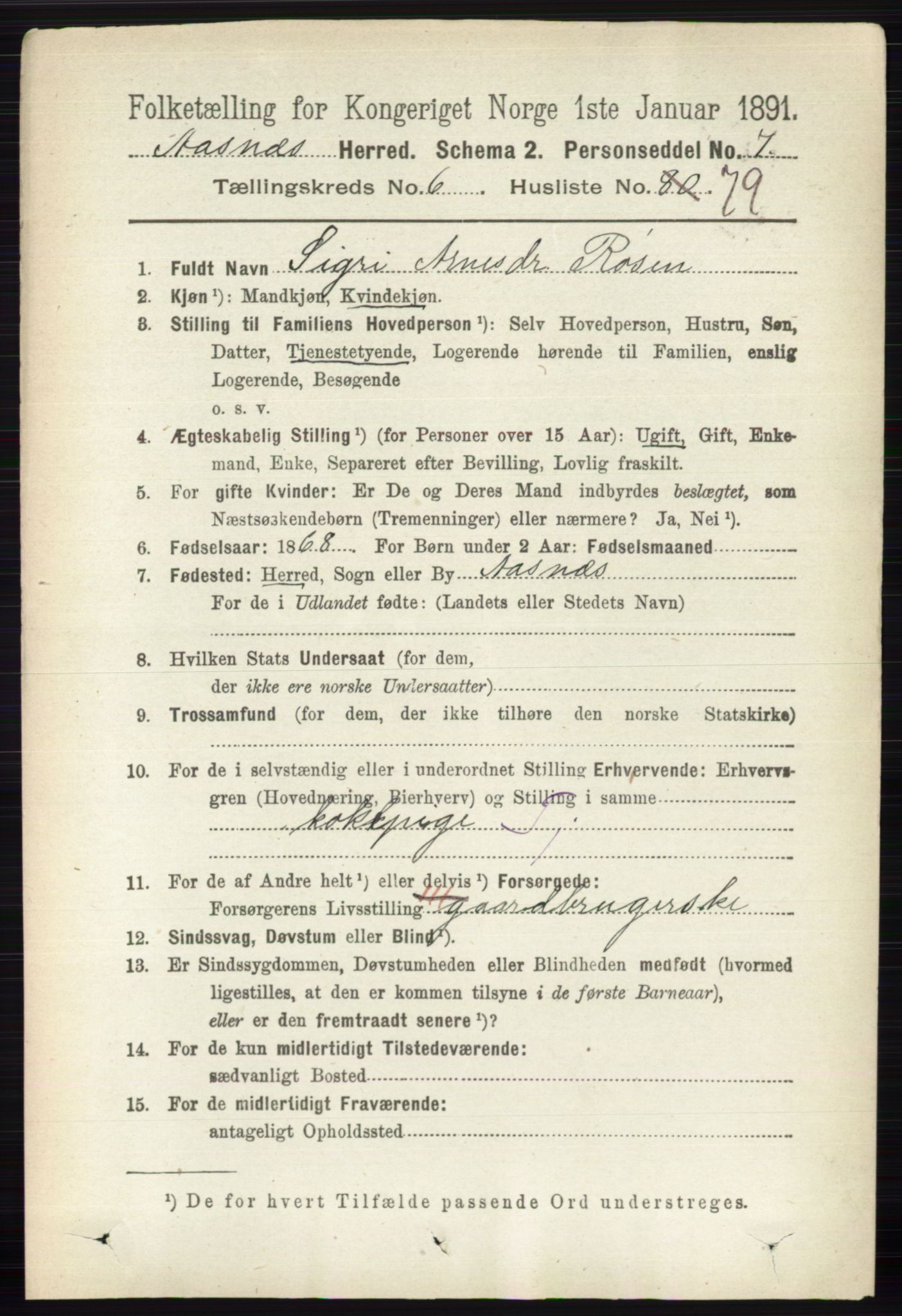 RA, 1891 census for 0425 Åsnes, 1891, p. 3224