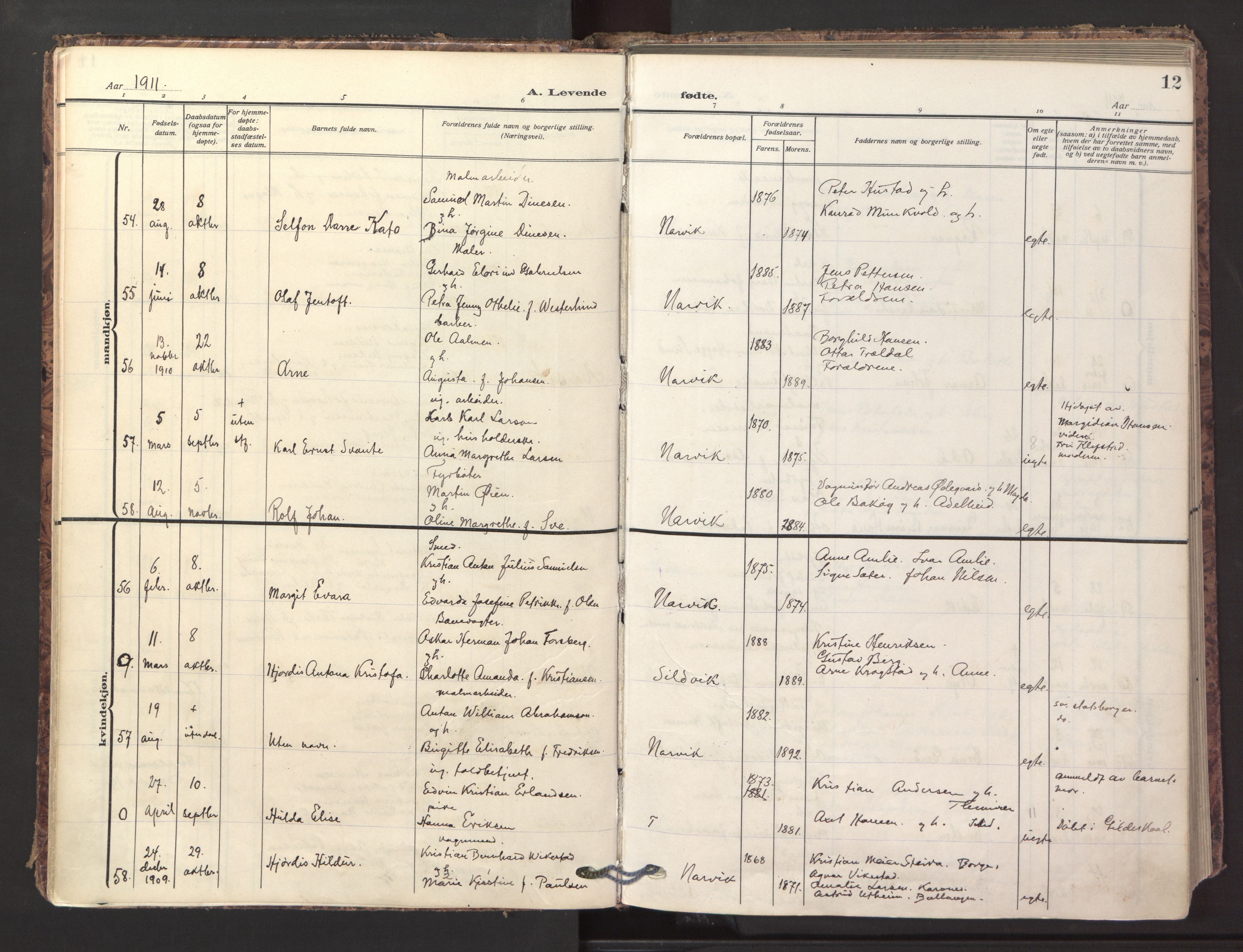 Ministerialprotokoller, klokkerbøker og fødselsregistre - Nordland, AV/SAT-A-1459/871/L1001: Parish register (official) no. 871A17, 1911-1921, p. 12