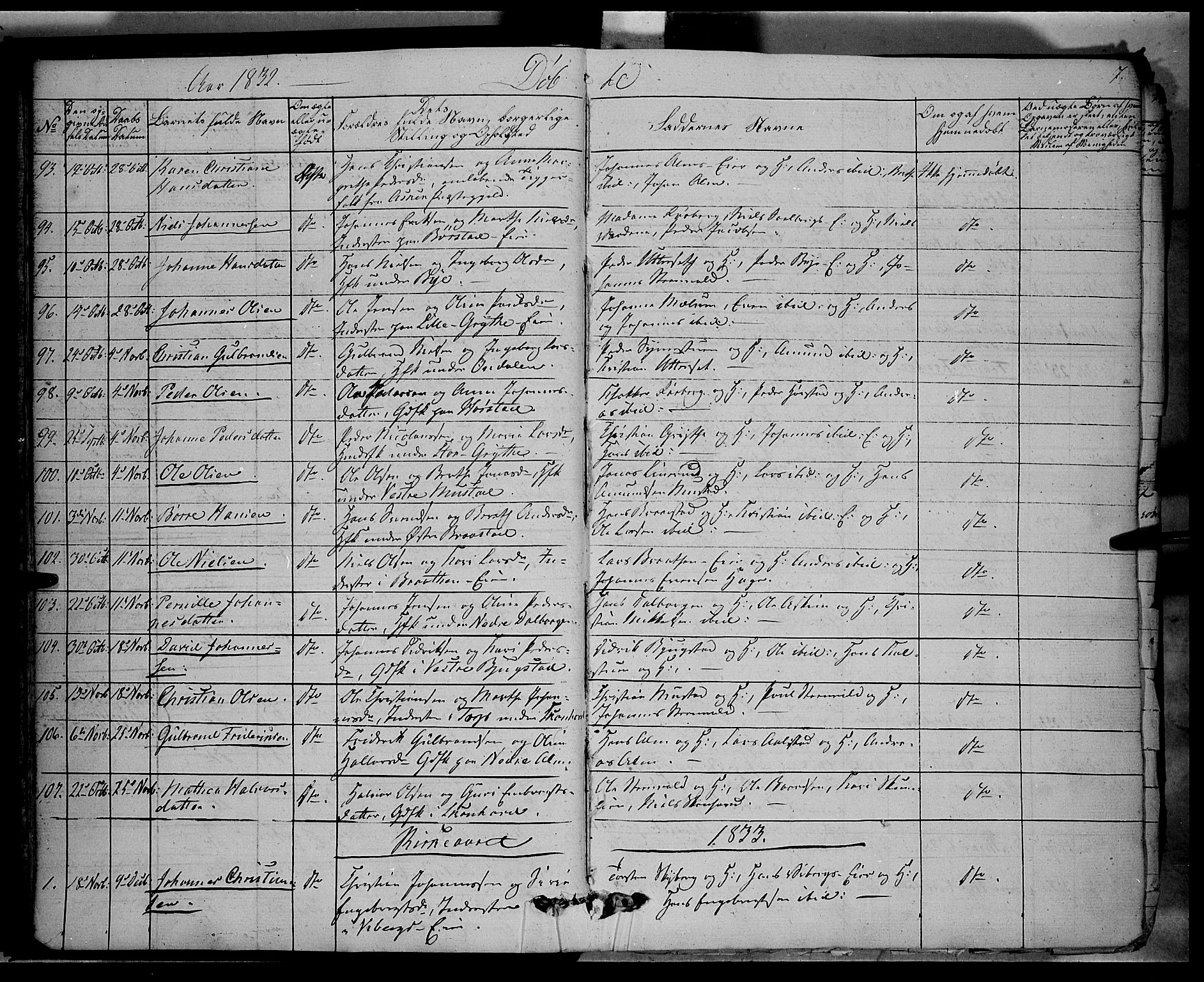 Vardal prestekontor, SAH/PREST-100/H/Ha/Haa/L0005: Parish register (official) no. 5, 1831-1853, p. 7