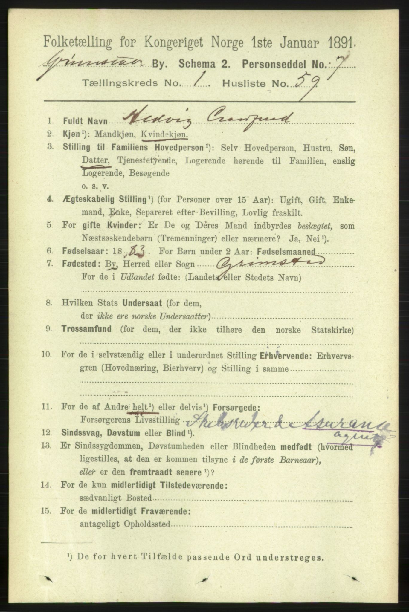 RA, 1891 census for 0904 Grimstad, 1891, p. 1433