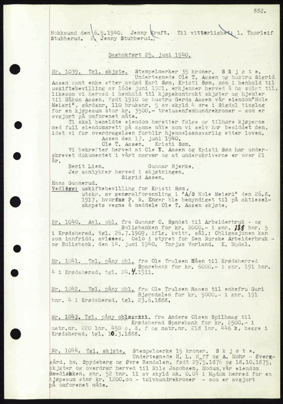 Eiker, Modum og Sigdal sorenskriveri, SAKO/A-123/G/Ga/Gab/L0041: Mortgage book no. A11, 1939-1940, Diary no: : 1039/1940