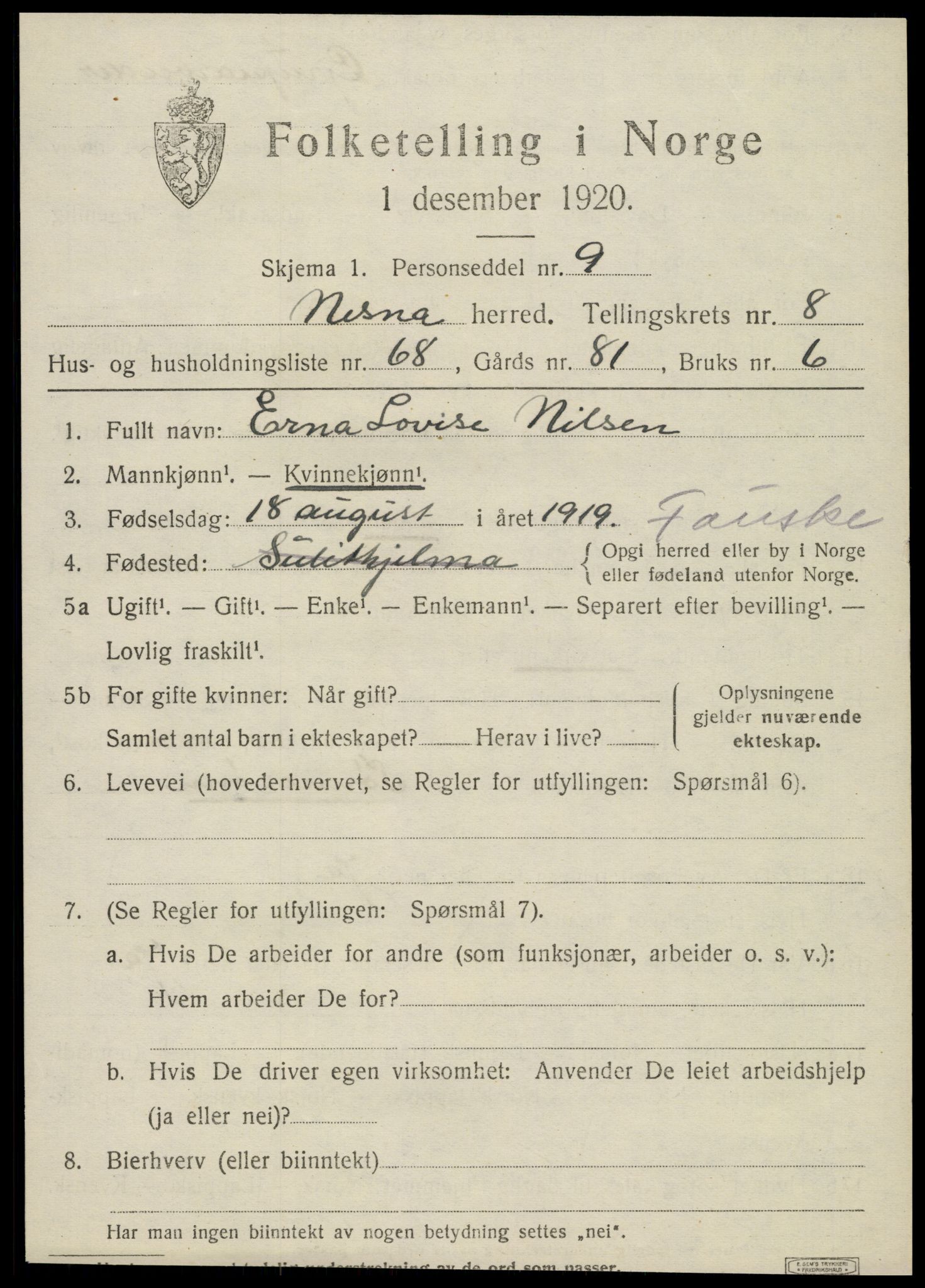 SAT, 1920 census for Nesna, 1920, p. 7321