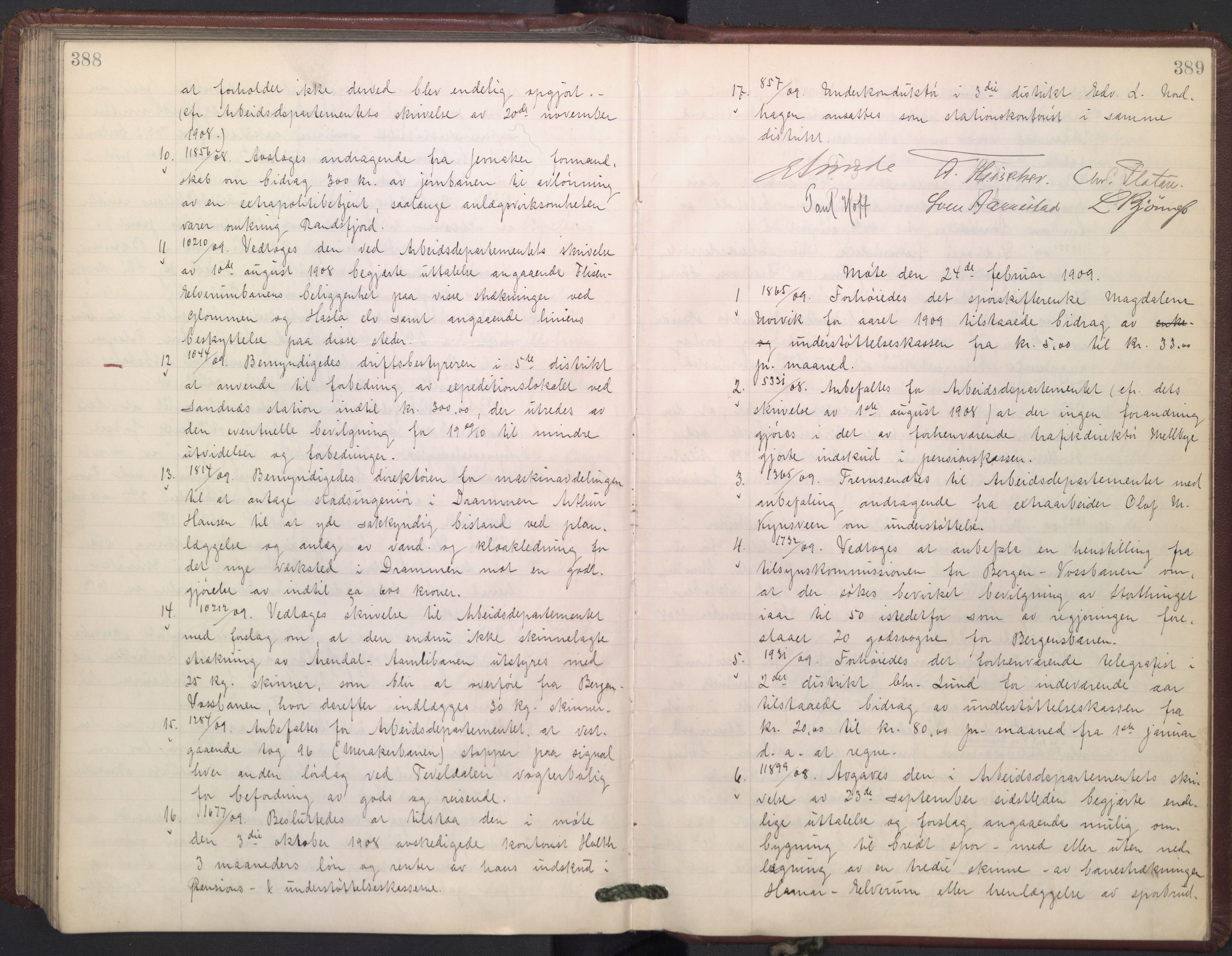 Norges statsbaner, Administrasjons- økonomi- og personalavdelingen, AV/RA-S-3412/A/Aa/L0009: Forhandlingsprotokoll, 1907-1909, p. 388-389