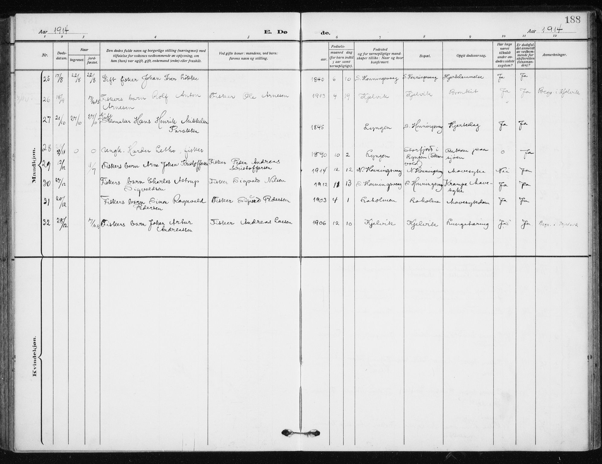 Kjelvik/Nordkapp sokneprestkontor, AV/SATØ-S-1350/H/Ha/L0001kirke: Parish register (official) no. 1, 1911-1919, p. 188