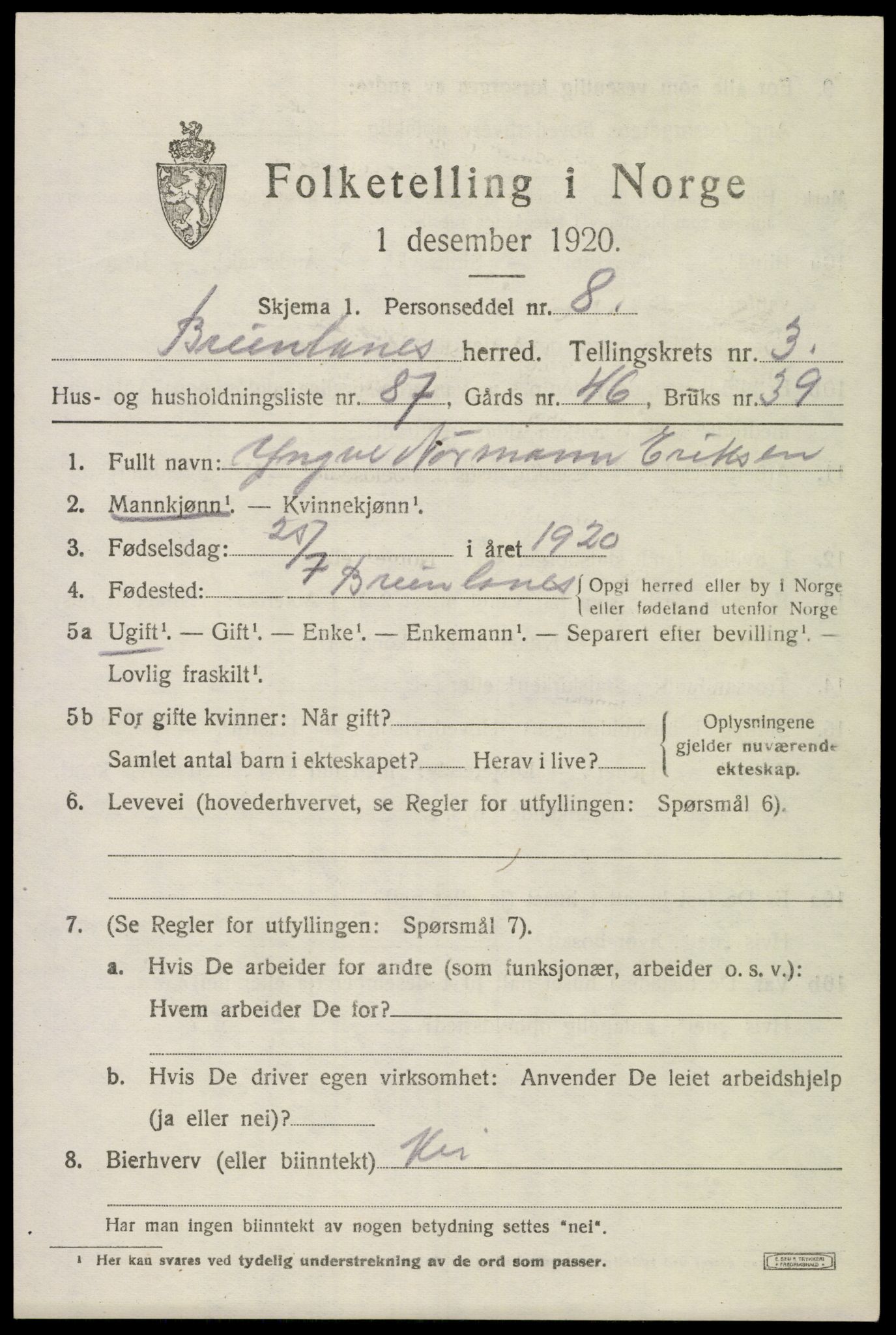 SAKO, 1920 census for Brunlanes, 1920, p. 5757