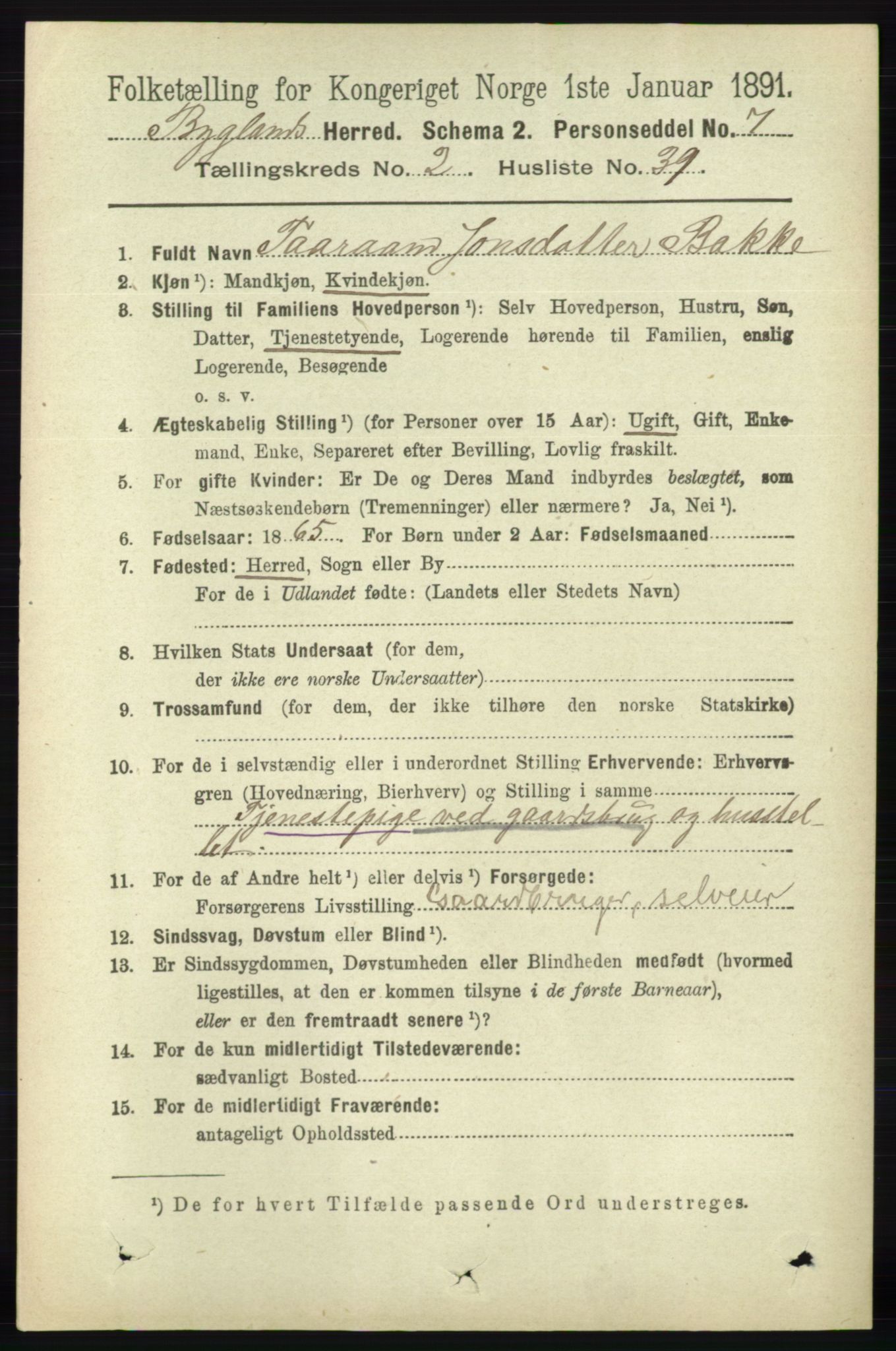 RA, 1891 census for 0938 Bygland, 1891, p. 521