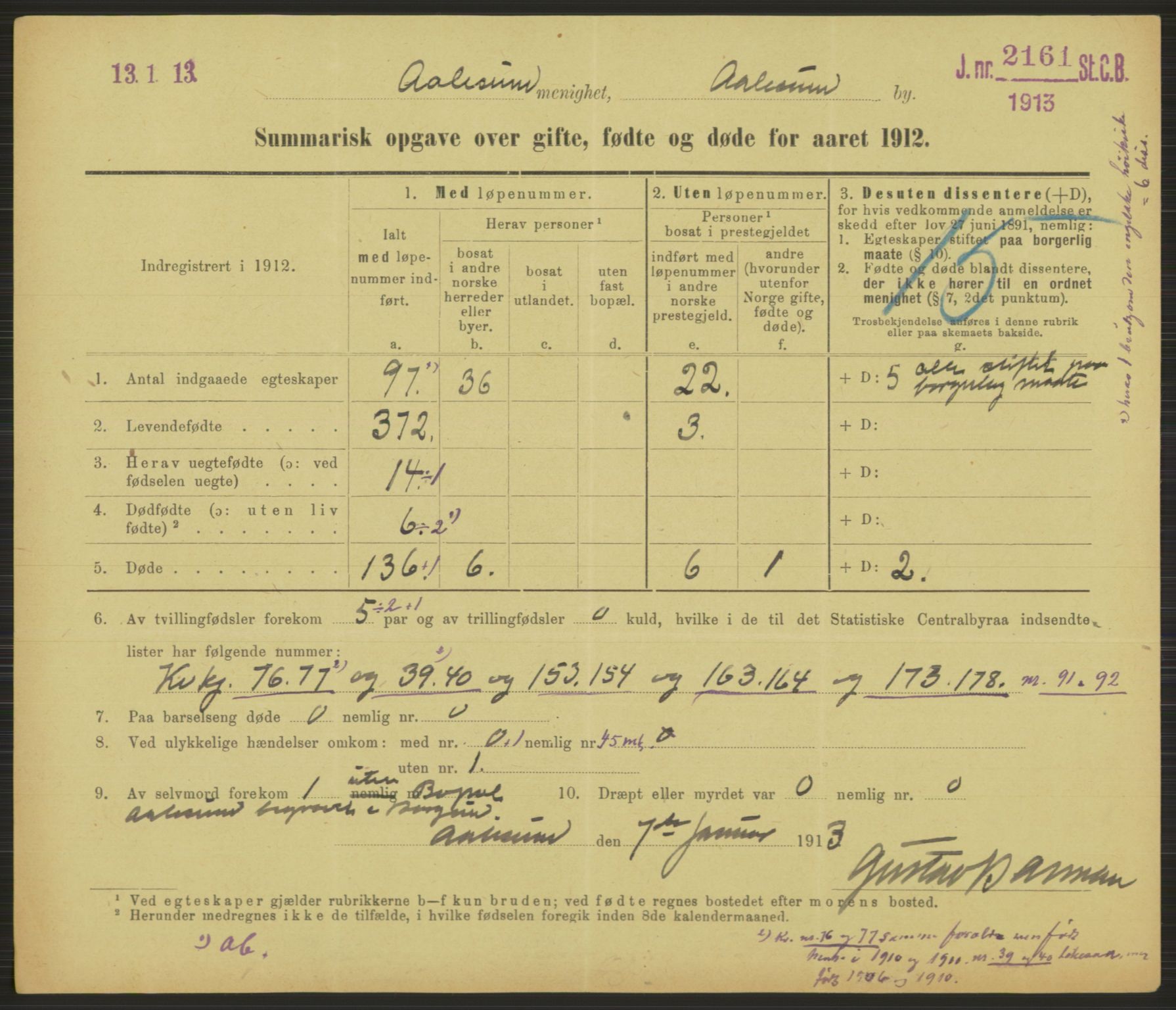 Statistisk sentralbyrå, Sosiodemografiske emner, Befolkning, RA/S-2228/D/Df/Dfb/Dfbb/L0052: Summariske oppgaver over gifte, fødte og døde for hele landet., 1912, p. 969