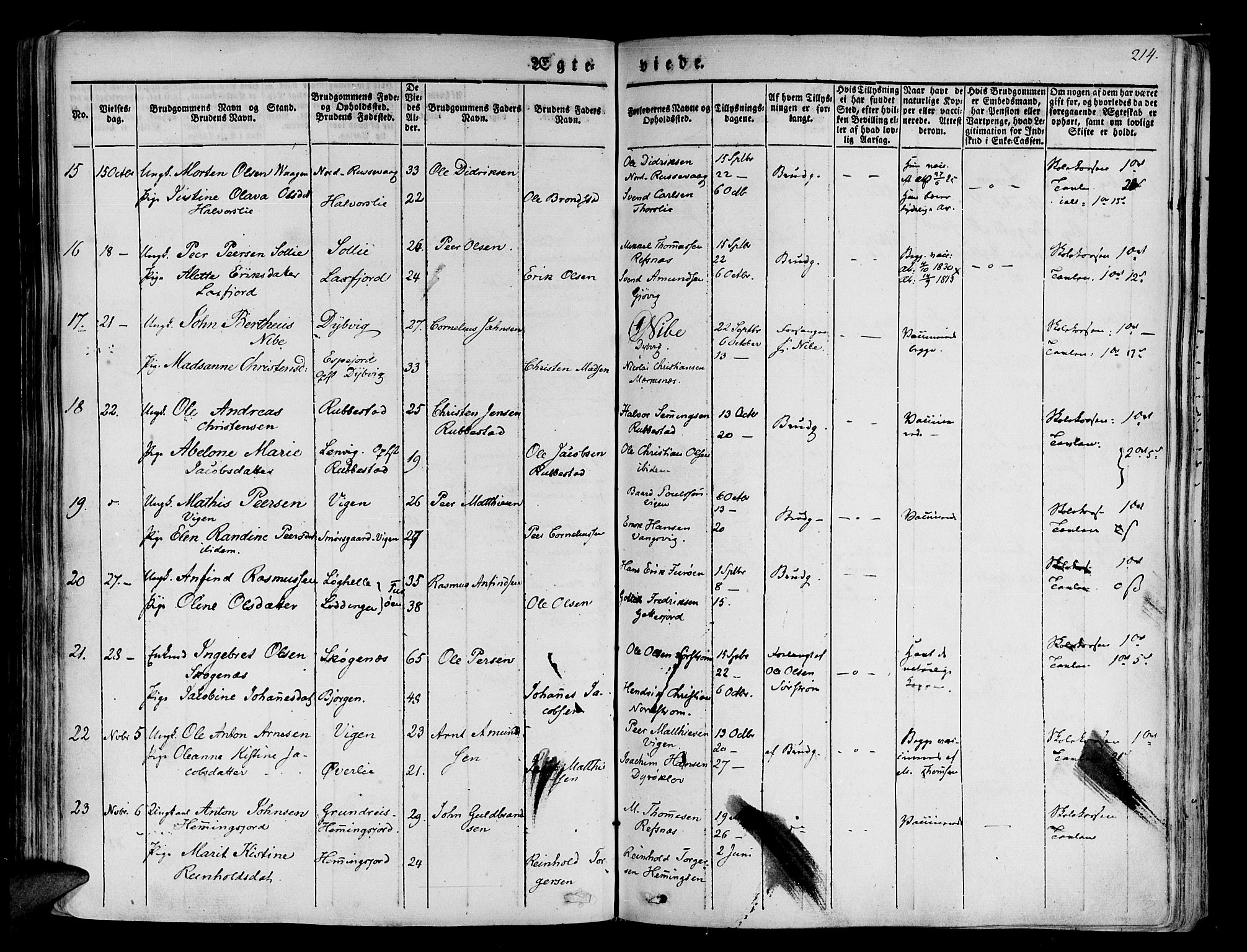 Tranøy sokneprestkontor, SATØ/S-1313/I/Ia/Iaa/L0005kirke: Parish register (official) no. 5, 1829-1844, p. 214