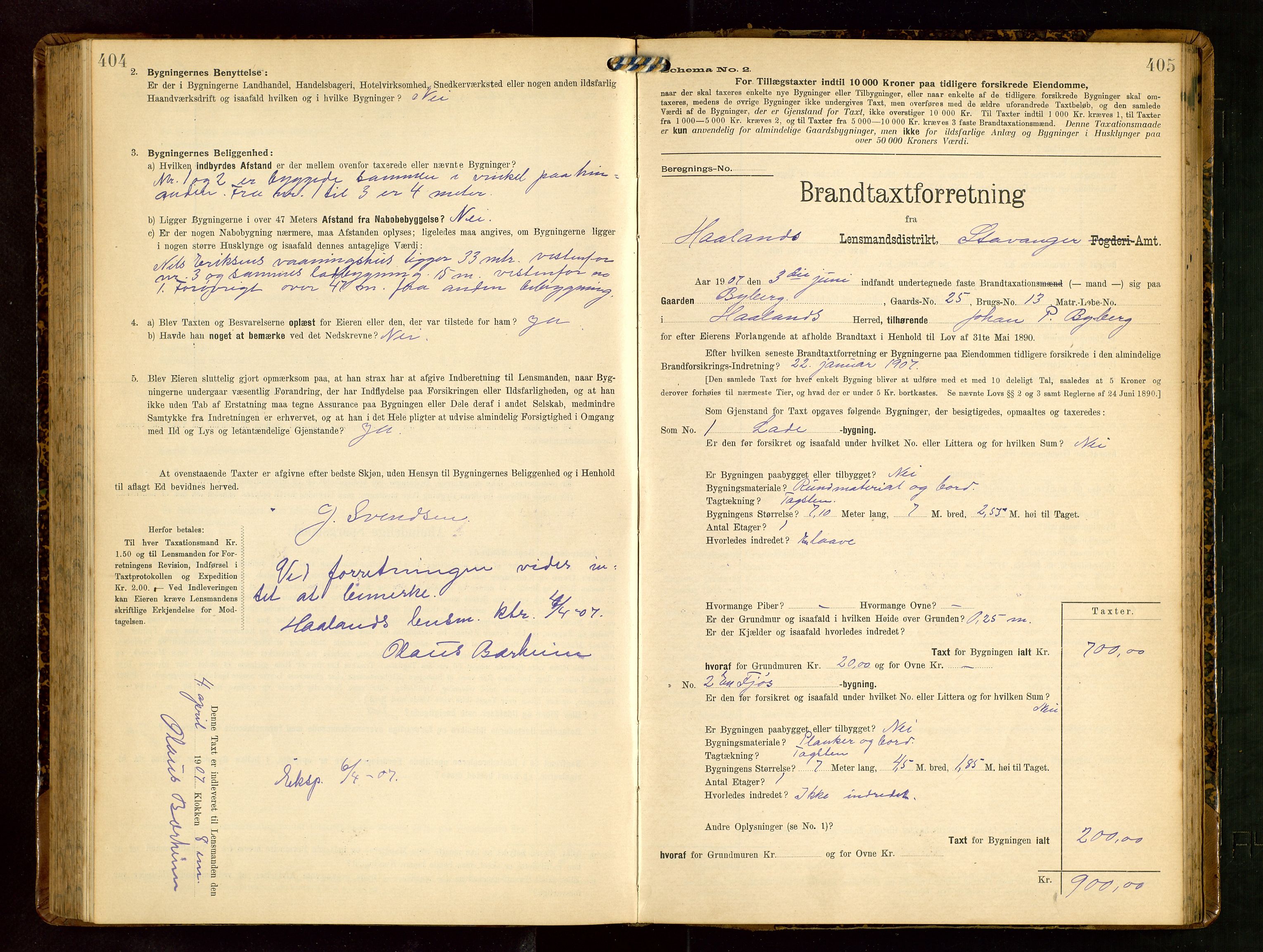 Håland lensmannskontor, AV/SAST-A-100100/Gob/L0003: Branntakstprotokoll - skjematakst. Register i boken., 1909-1910, p. 404-405