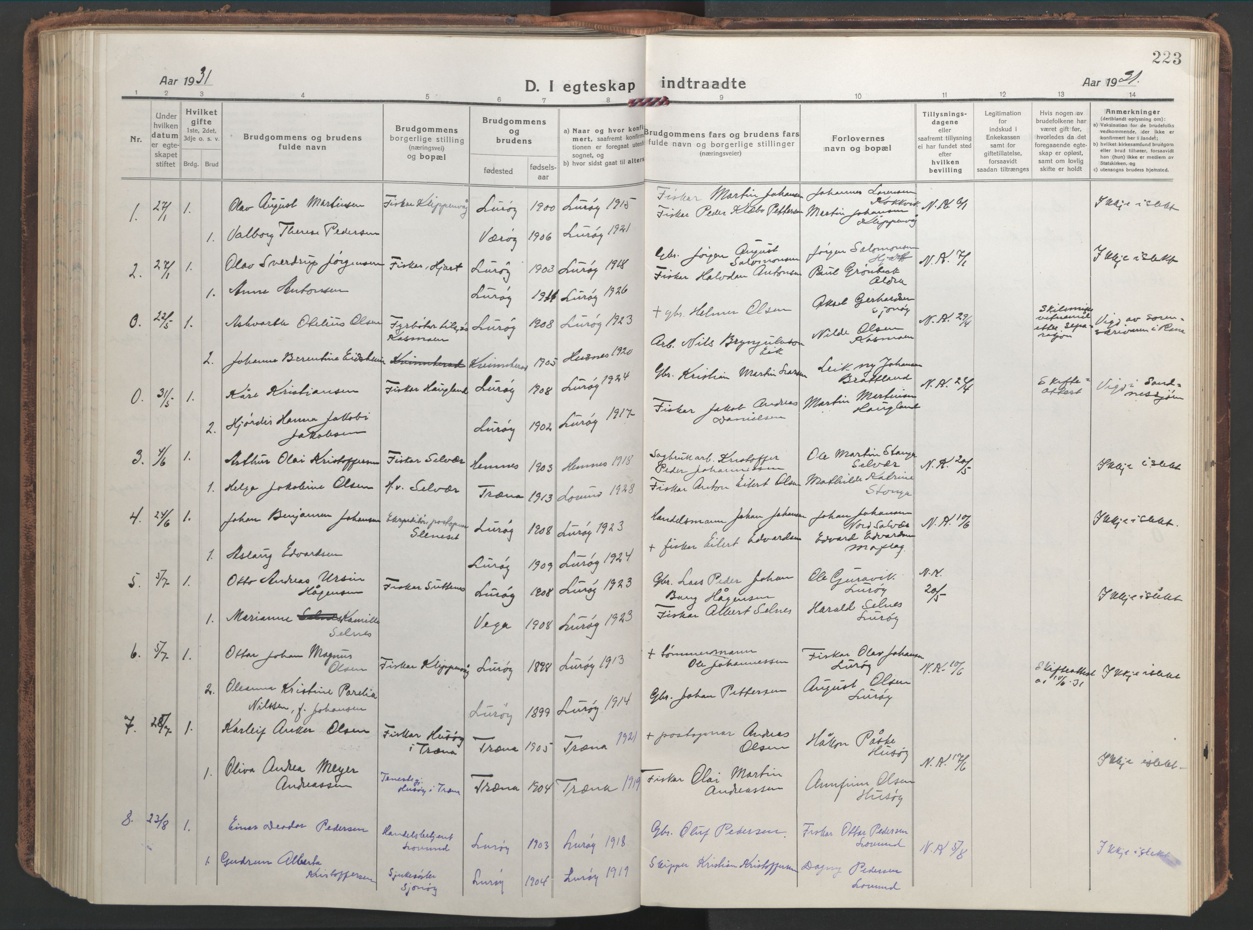Ministerialprotokoller, klokkerbøker og fødselsregistre - Nordland, SAT/A-1459/839/L0574: Parish register (copy) no. 839C04, 1918-1950, p. 223